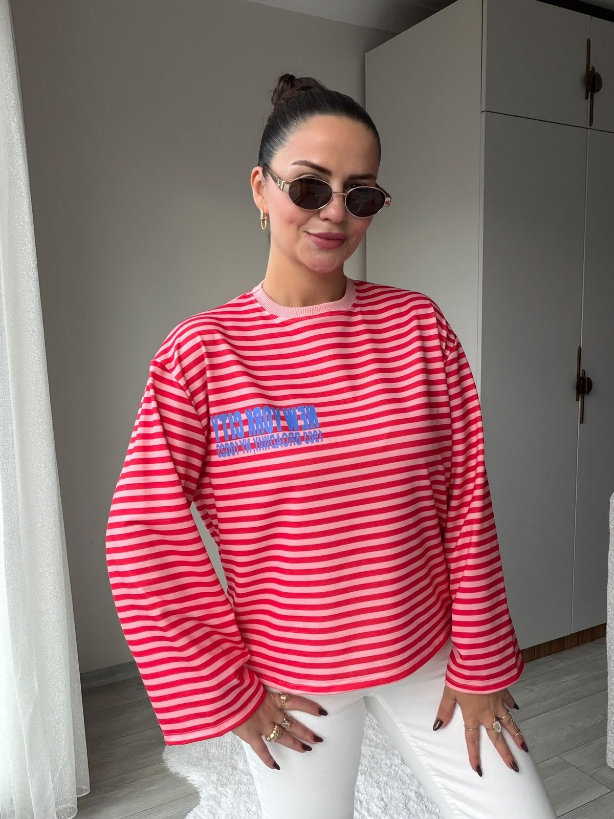 3074 NewYork Yazılı Çizgili Sweat KIRMIZI