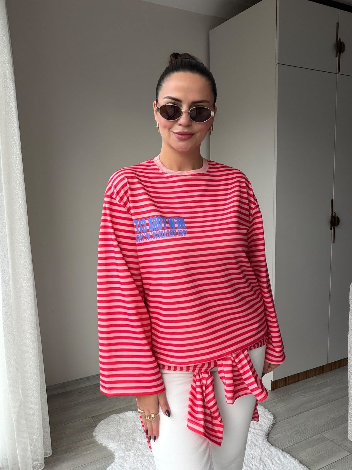 3074 NewYork Yazılı Çizgili Sweat KIRMIZI