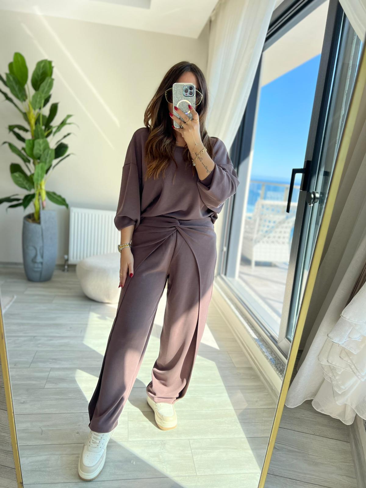 3149 Pantolonu Bluzu Düğüm Detay Takım KAHVE