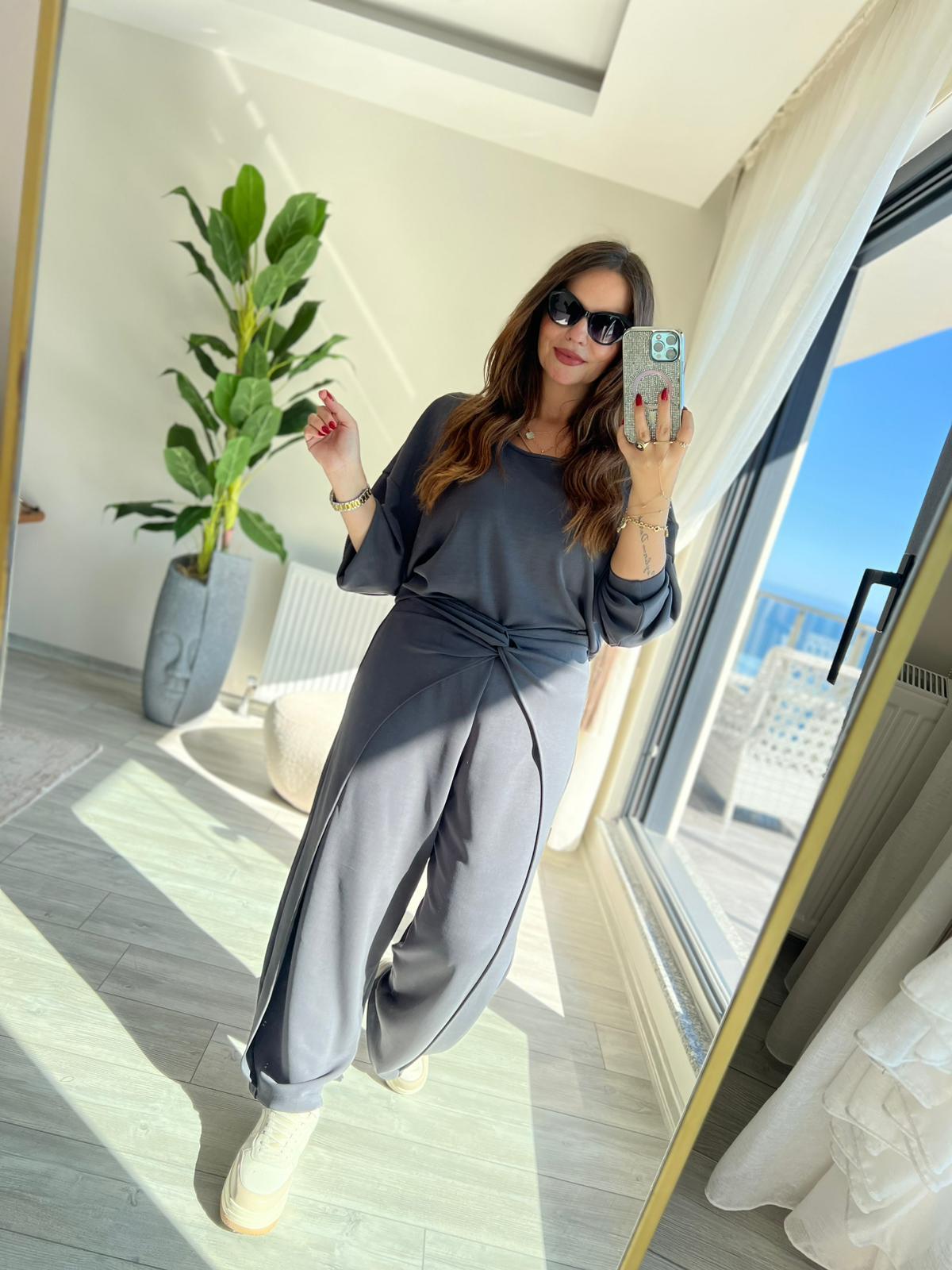3149 Pantolonu Bluzu Düğüm Detay Takım ANTRESİT