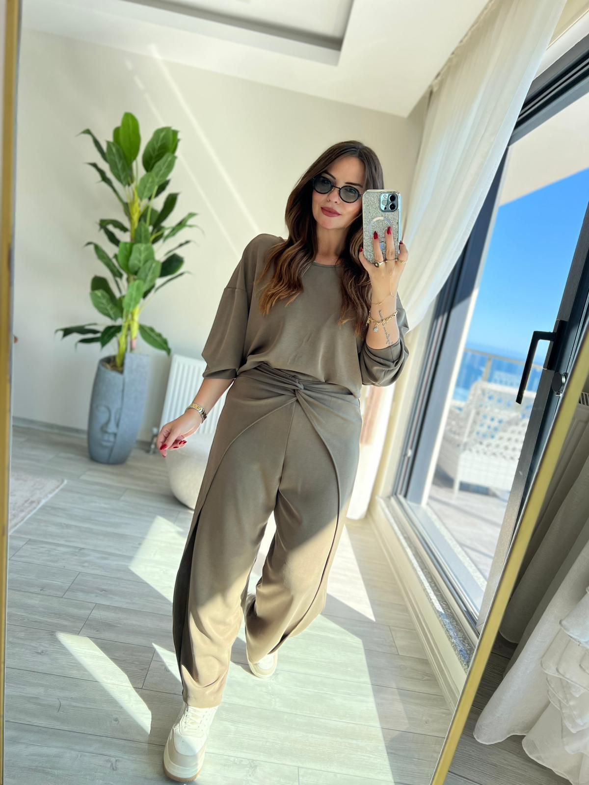 3149 Pantolonu Bluzu Düğüm Detay Takım YEŞİL