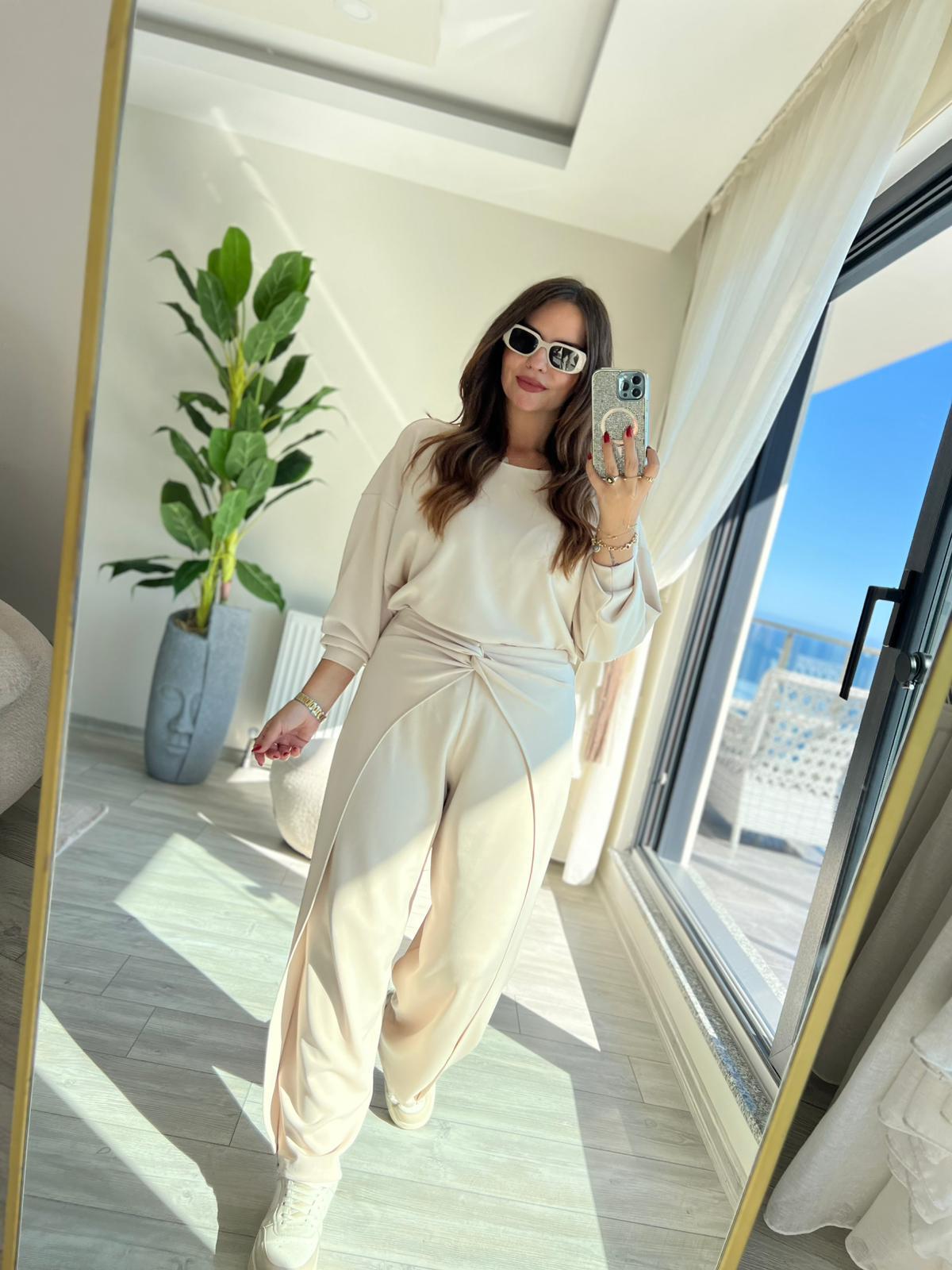 3149 Pantolonu Bluzu Düğüm Detay Takım KREM