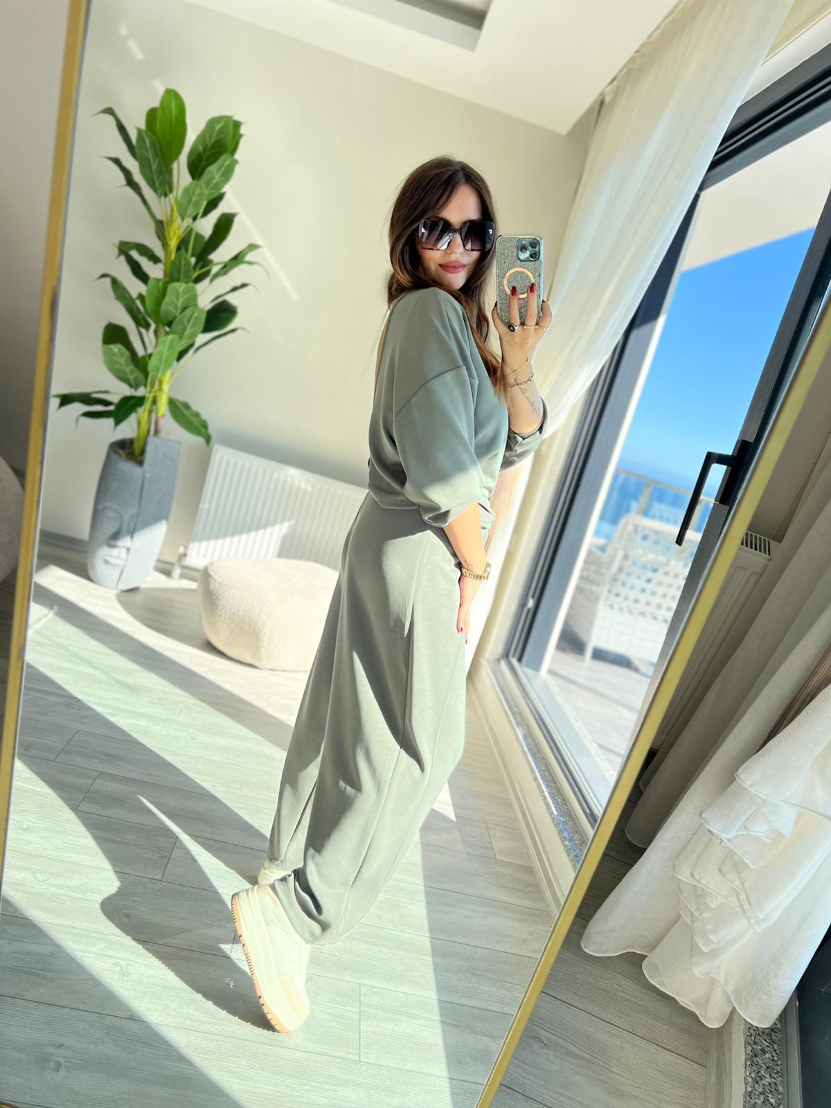 3149 Pantolonu Bluzu Düğüm Detay Takım HAKİ YEŞİL
