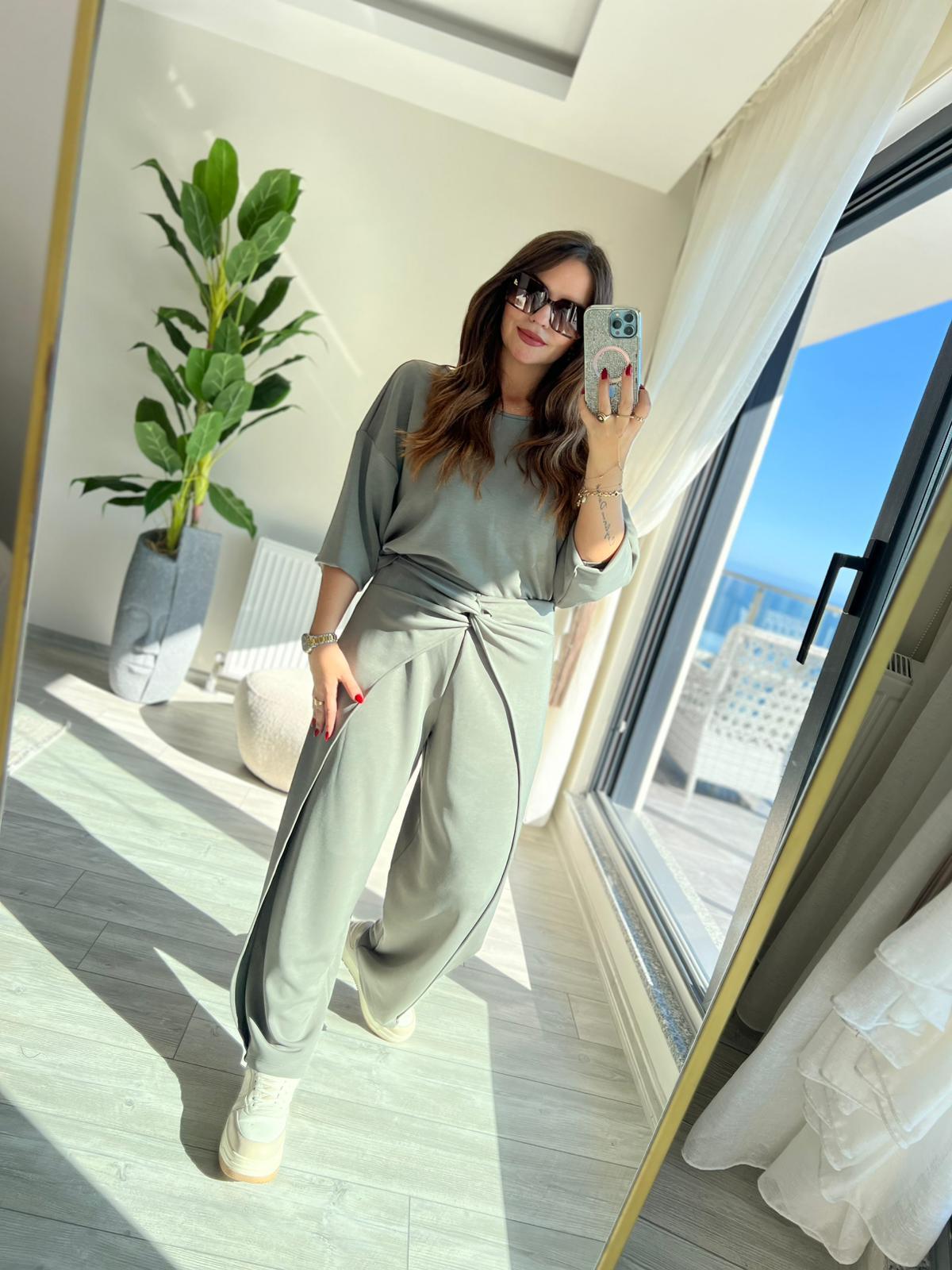3149 Pantolonu Bluzu Düğüm Detay Takım HAKİ YEŞİL