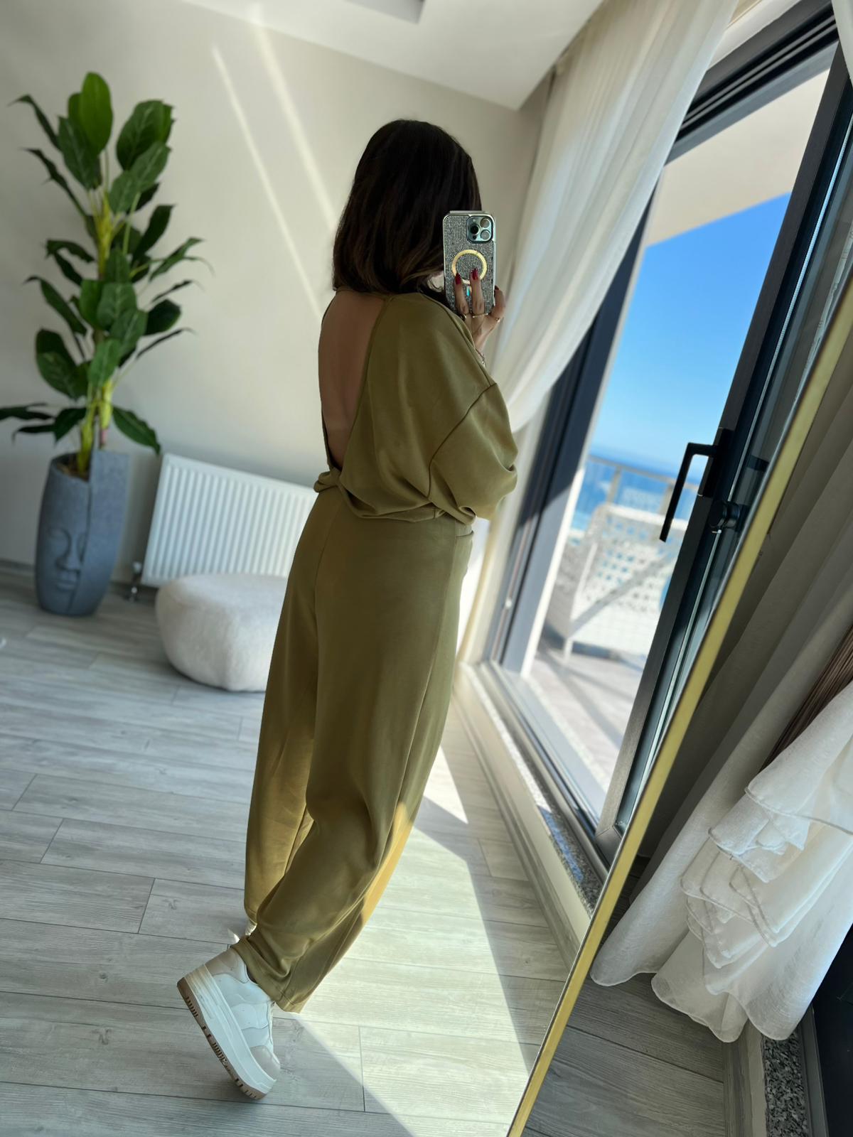 3149 Pantolonu Bluzu Düğüm Detay Takım olive