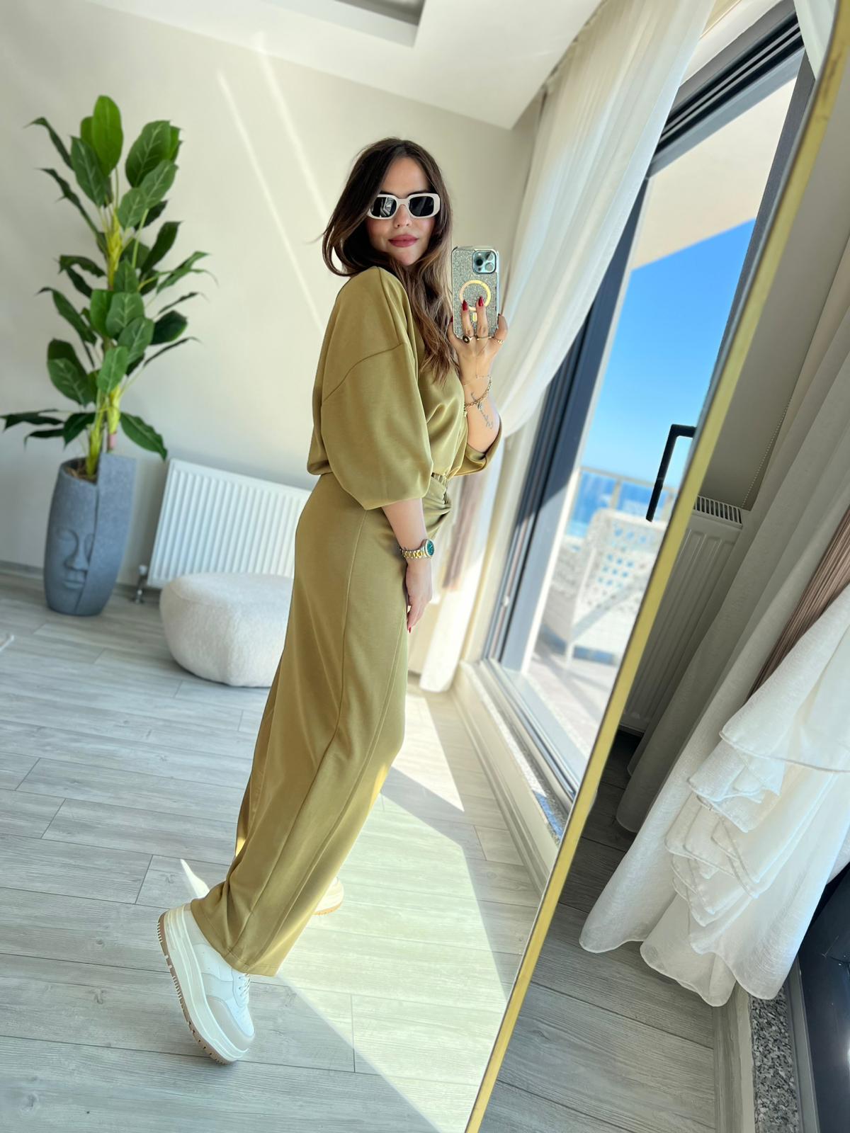 3149 Pantolonu Bluzu Düğüm Detay Takım olive