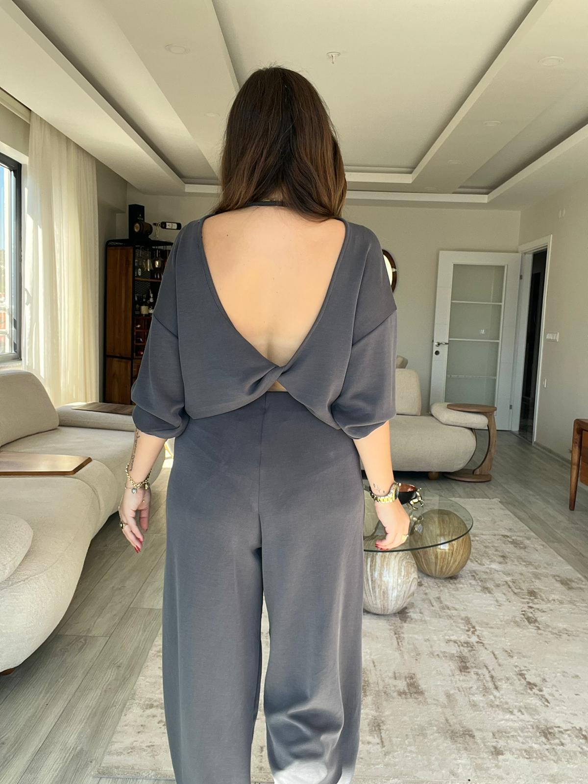 3149 Pantolonu Bluzu Düğüm Detay Takım ANTRESİT