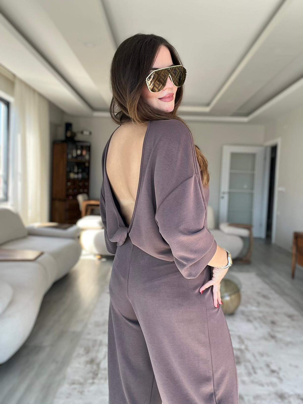 3149 Pantolonu Bluzu Düğüm Detay Takım KAHVE