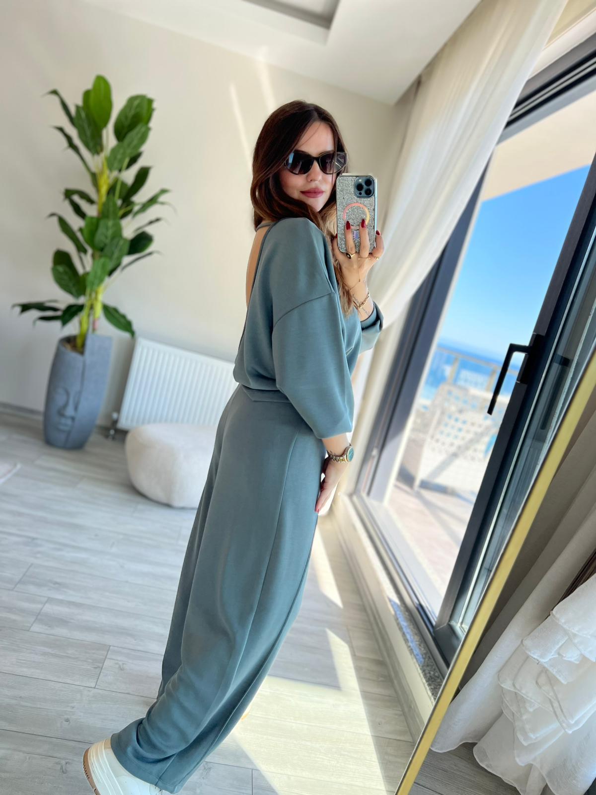 3149 Pantolonu Bluzu Düğüm Detay Takım ÇİMEN YEŞİLİ