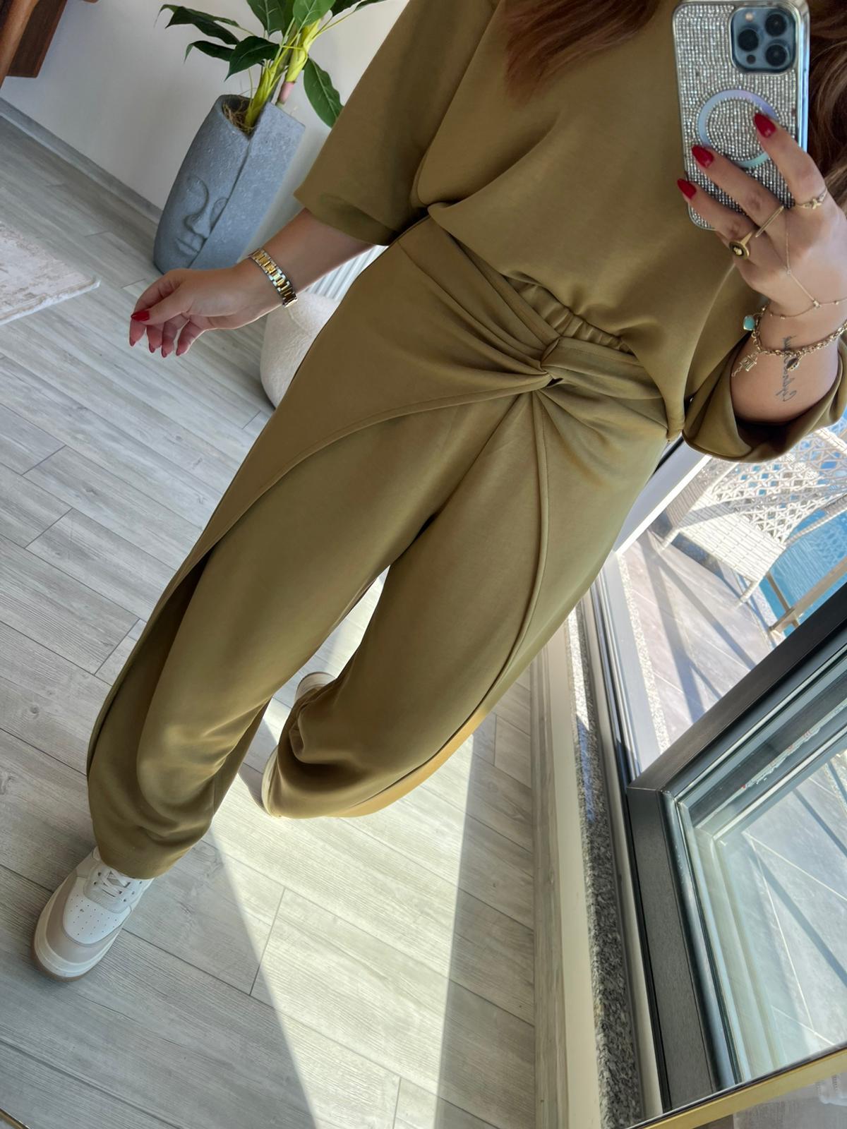 3149 Pantolonu Bluzu Düğüm Detay Takım olive