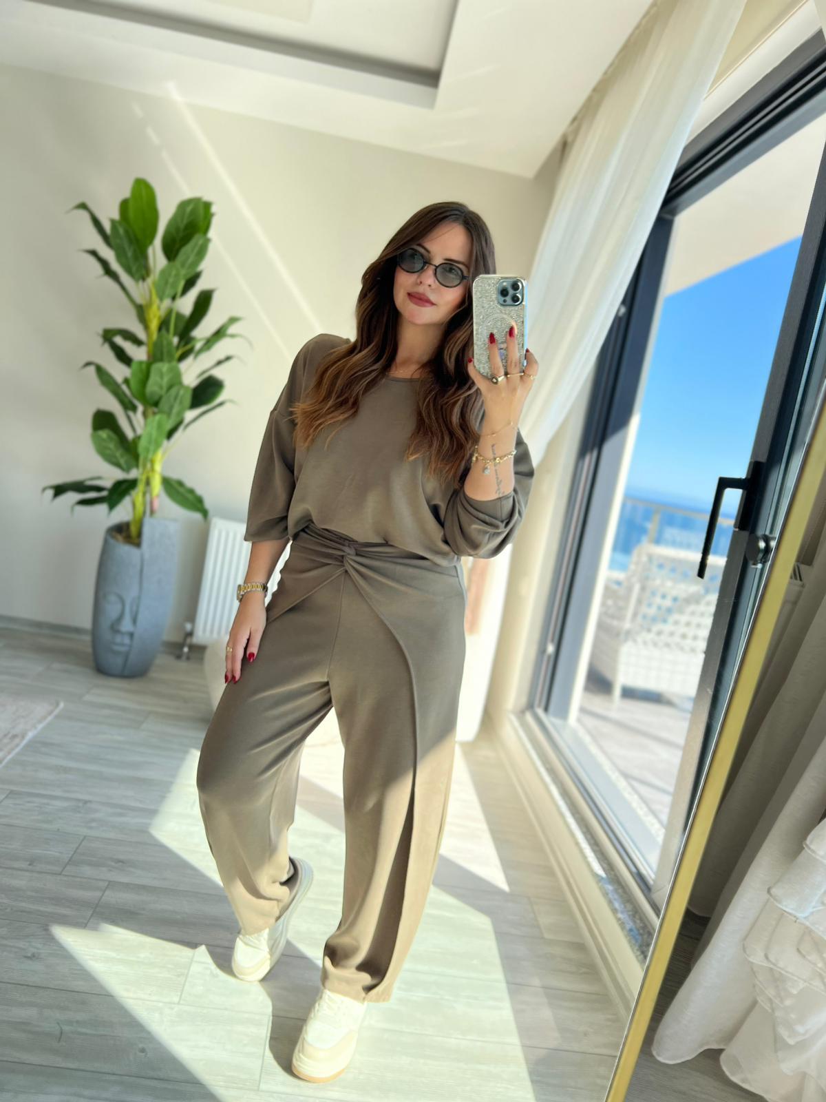 3149 Pantolonu Bluzu Düğüm Detay Takım YEŞİL