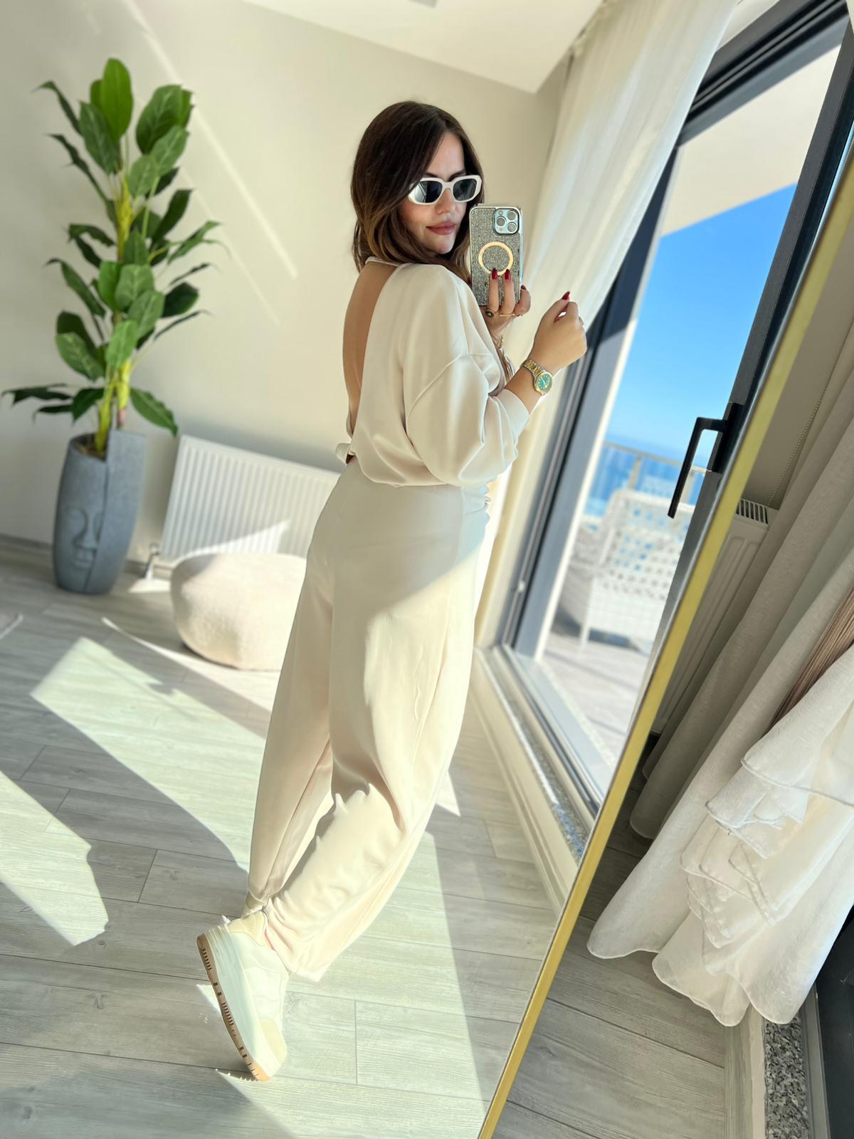 3149 Pantolonu Bluzu Düğüm Detay Takım KREM