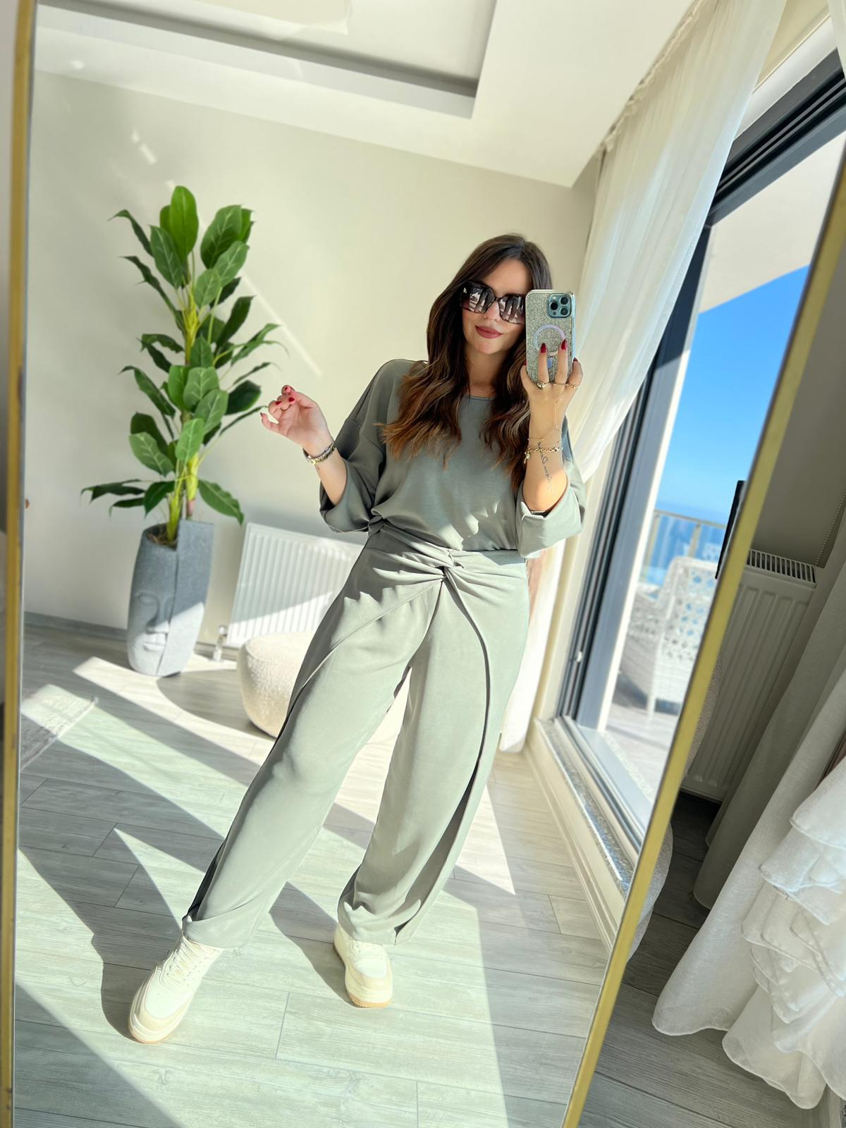 3149 Pantolonu Bluzu Düğüm Detay Takım HAKİ YEŞİL