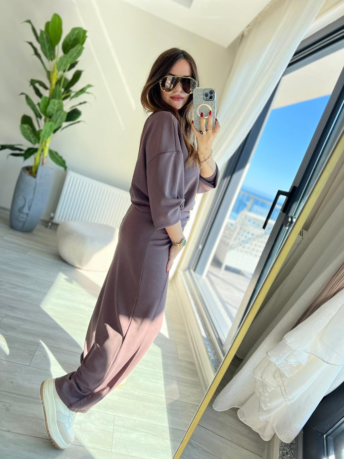 3149 Pantolonu Bluzu Düğüm Detay Takım KAHVE
