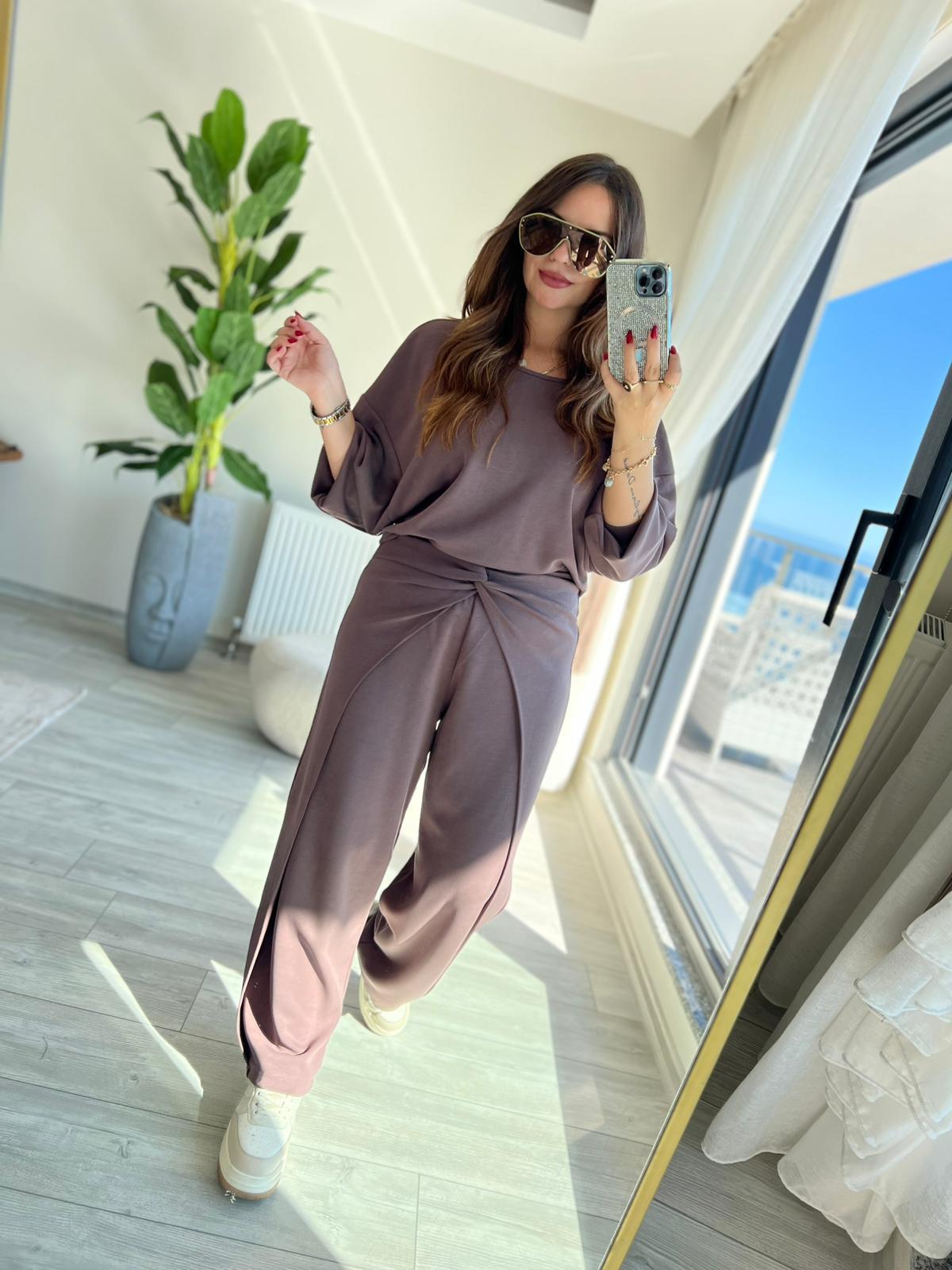 3149 Pantolonu Bluzu Düğüm Detay Takım KAHVE