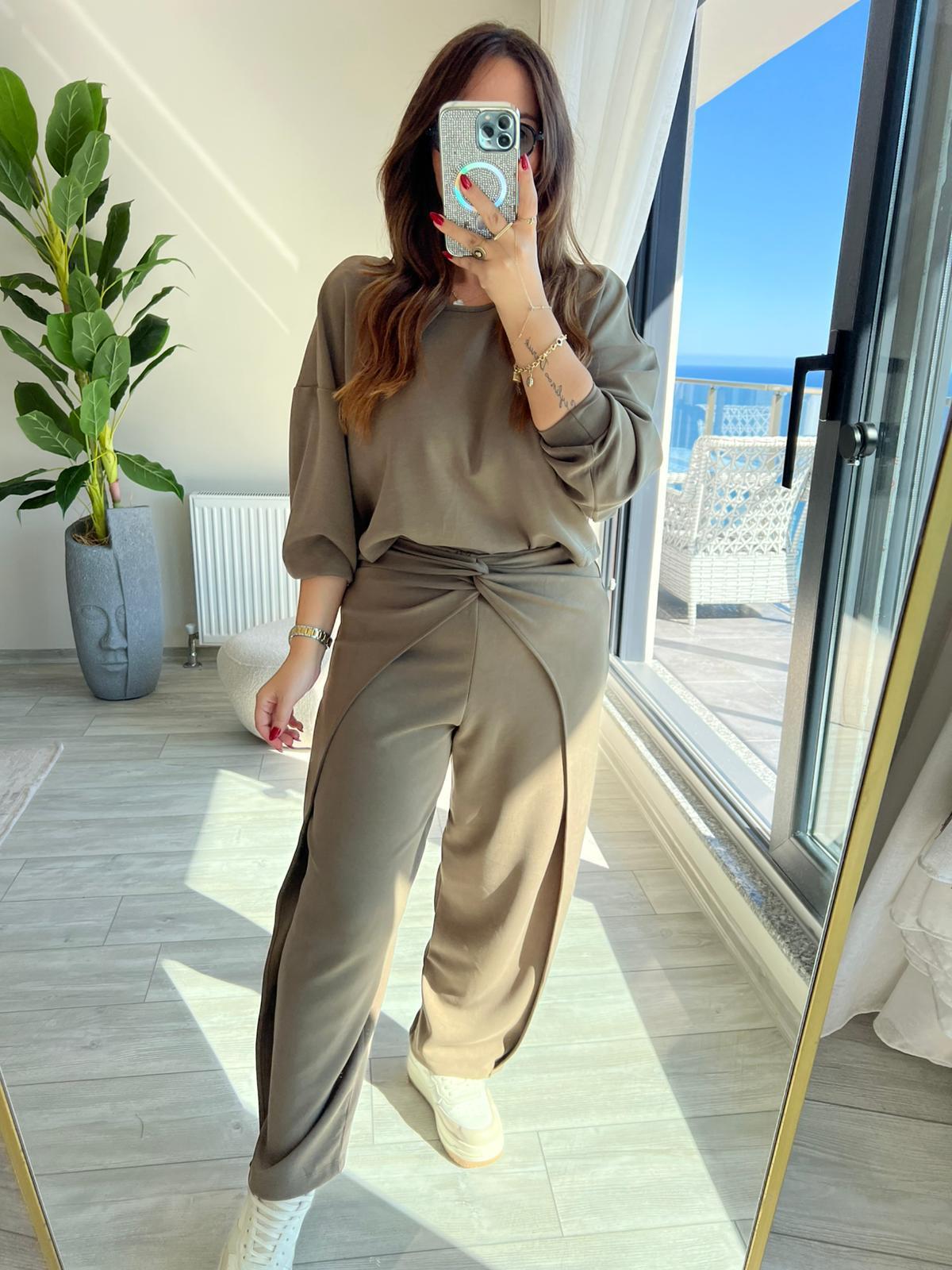 3149 Pantolonu Bluzu Düğüm Detay Takım YEŞİL