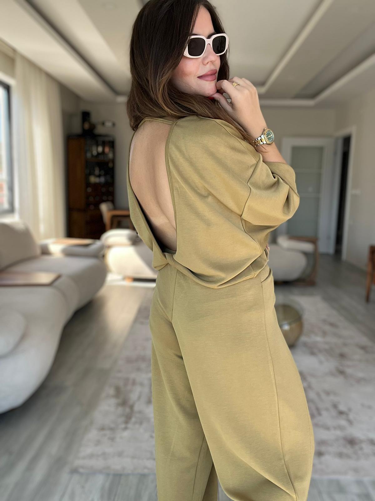 3149 Pantolonu Bluzu Düğüm Detay Takım olive