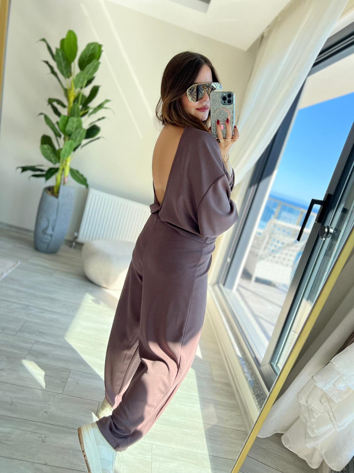 3149 Pantolonu Bluzu Düğüm Detay Takım KAHVE