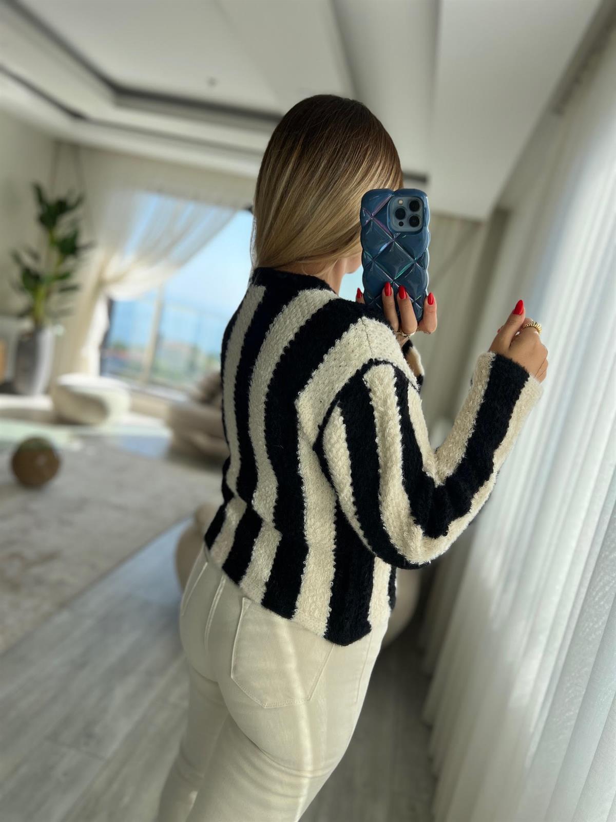 3172 Angora Boyuna Çizgili Crop Kazak SİYAH
