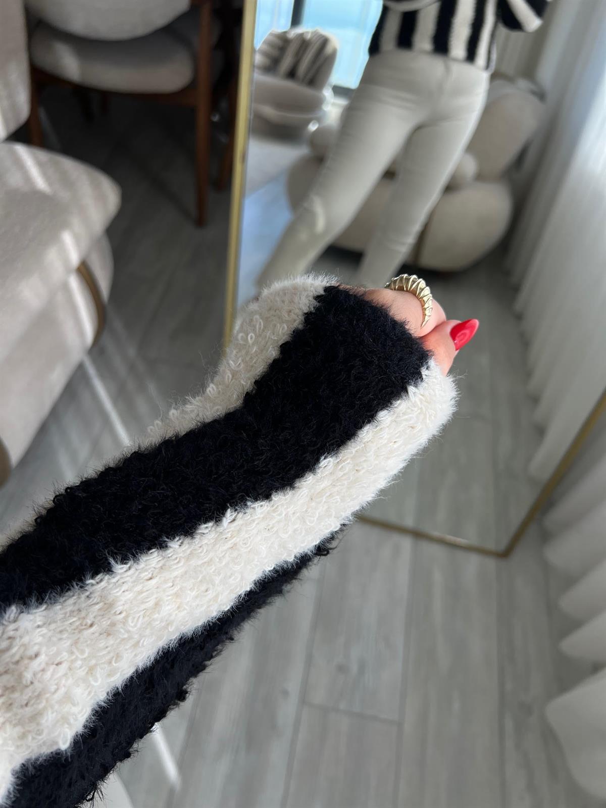 3172 Angora Boyuna Çizgili Crop Kazak SİYAH