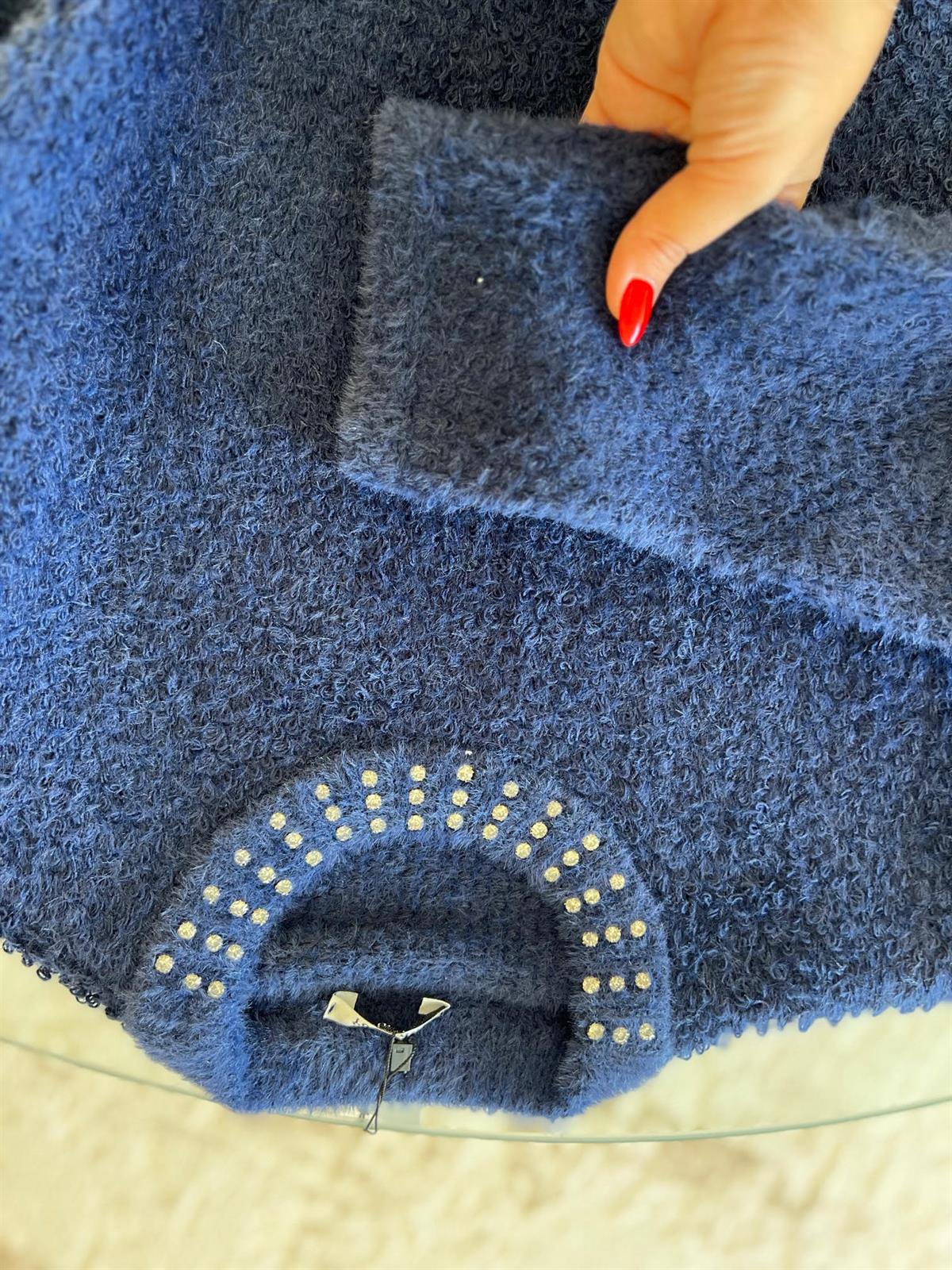 3174 Angora Taş Detaylı Crop Kazak LACİVERT