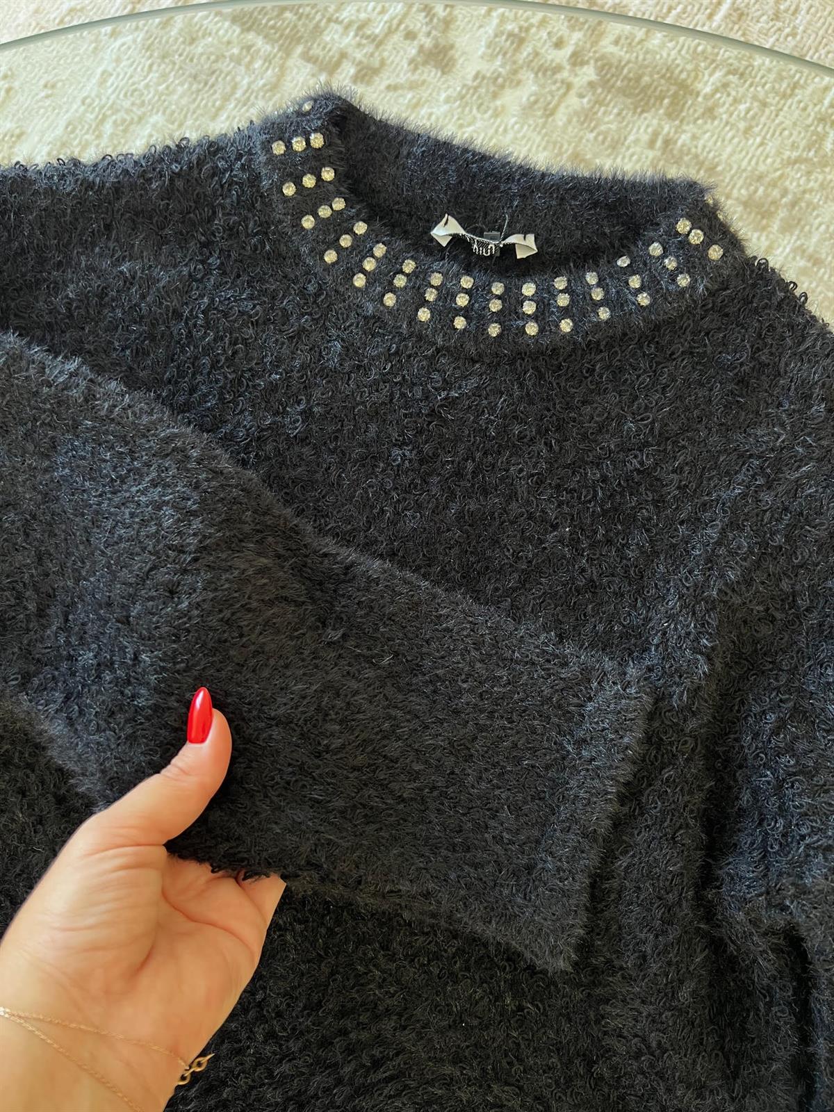3174 Angora Taş Detaylı Crop Kazak SİYAH