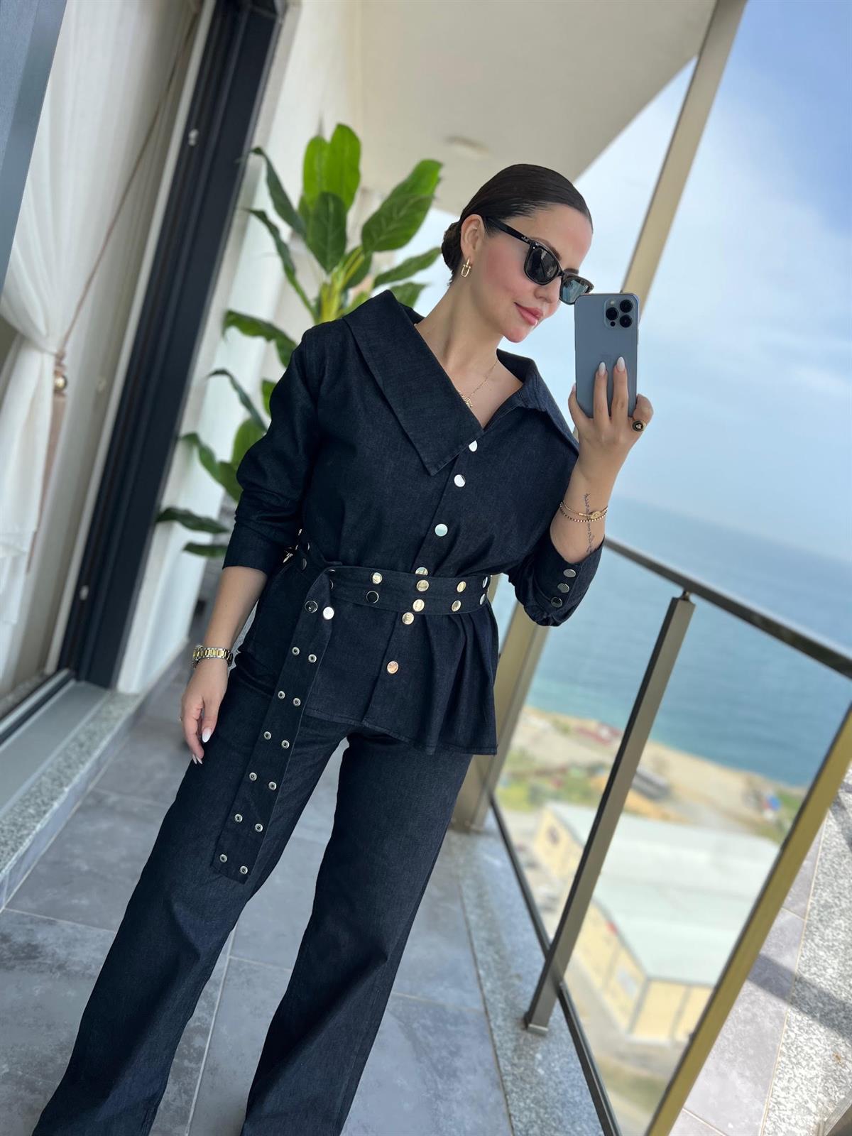 3174 Asimetrik Yaka Denim Takım LACİVERT