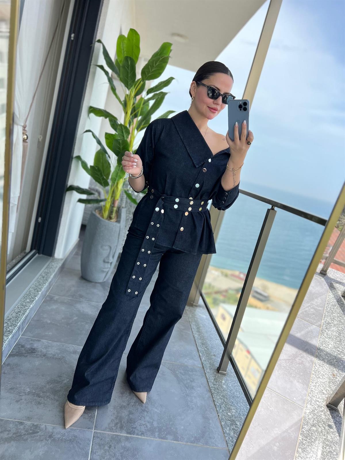 3174 Asimetrik Yaka Denim Takım LACİVERT