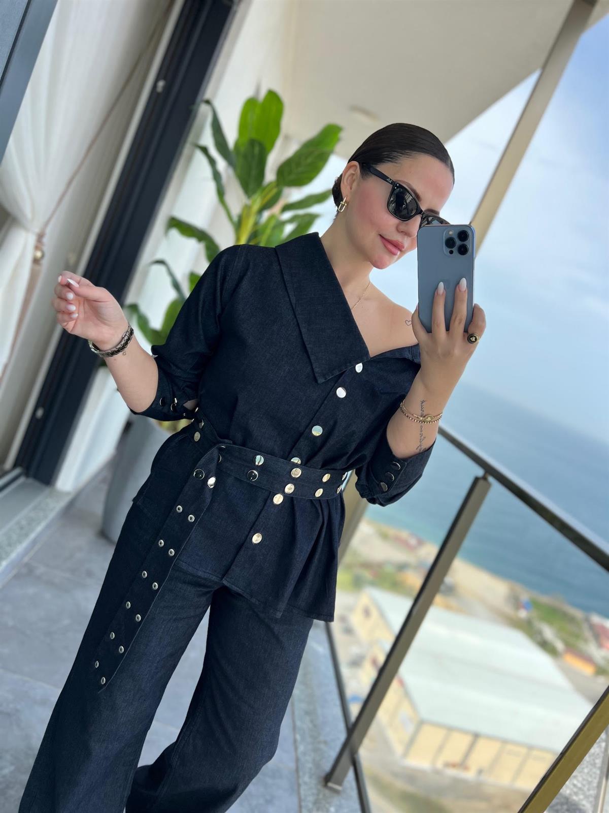 3174 Asimetrik Yaka Denim Takım LACİVERT