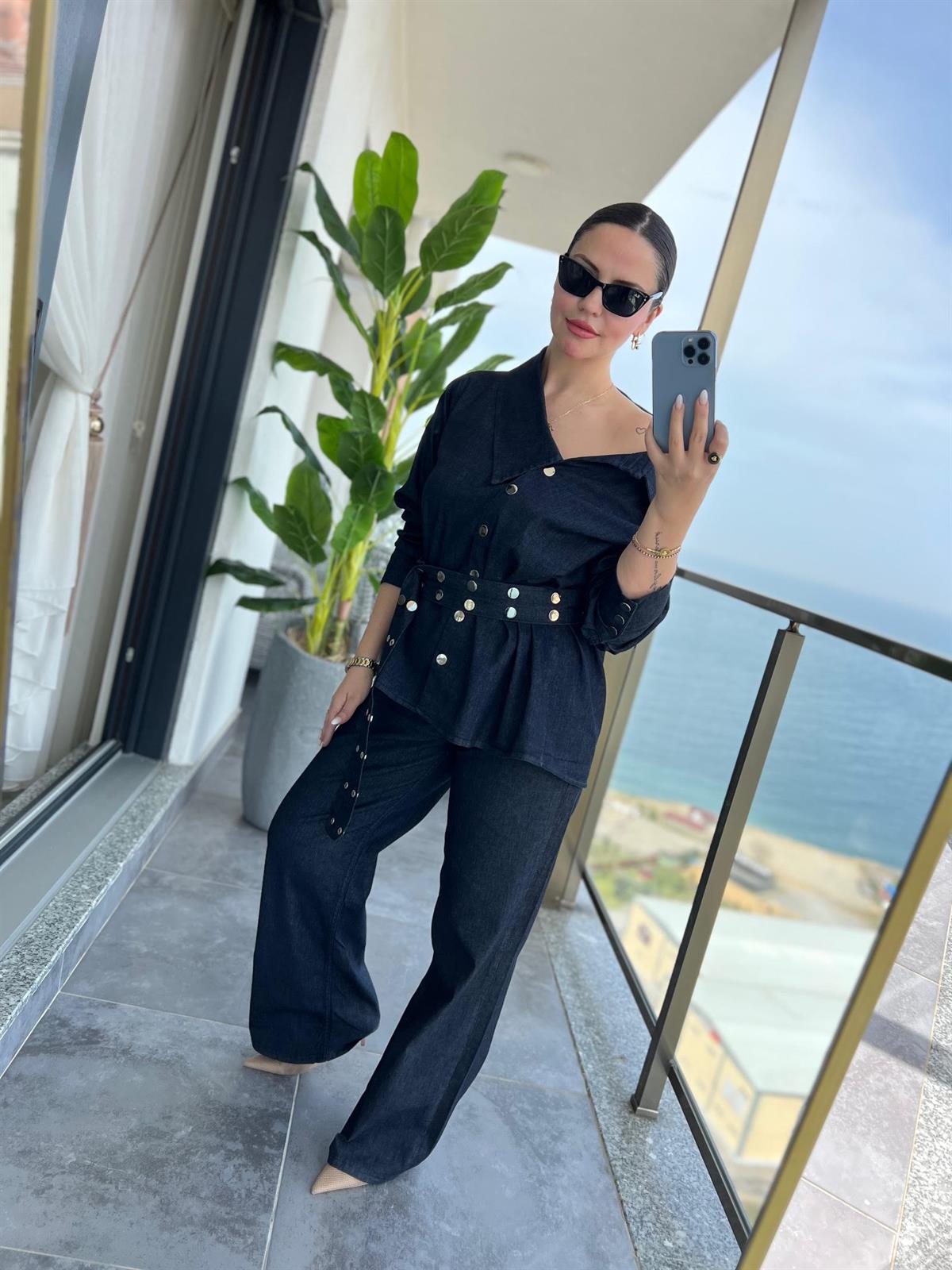 3174 Asimetrik Yaka Denim Takım LACİVERT