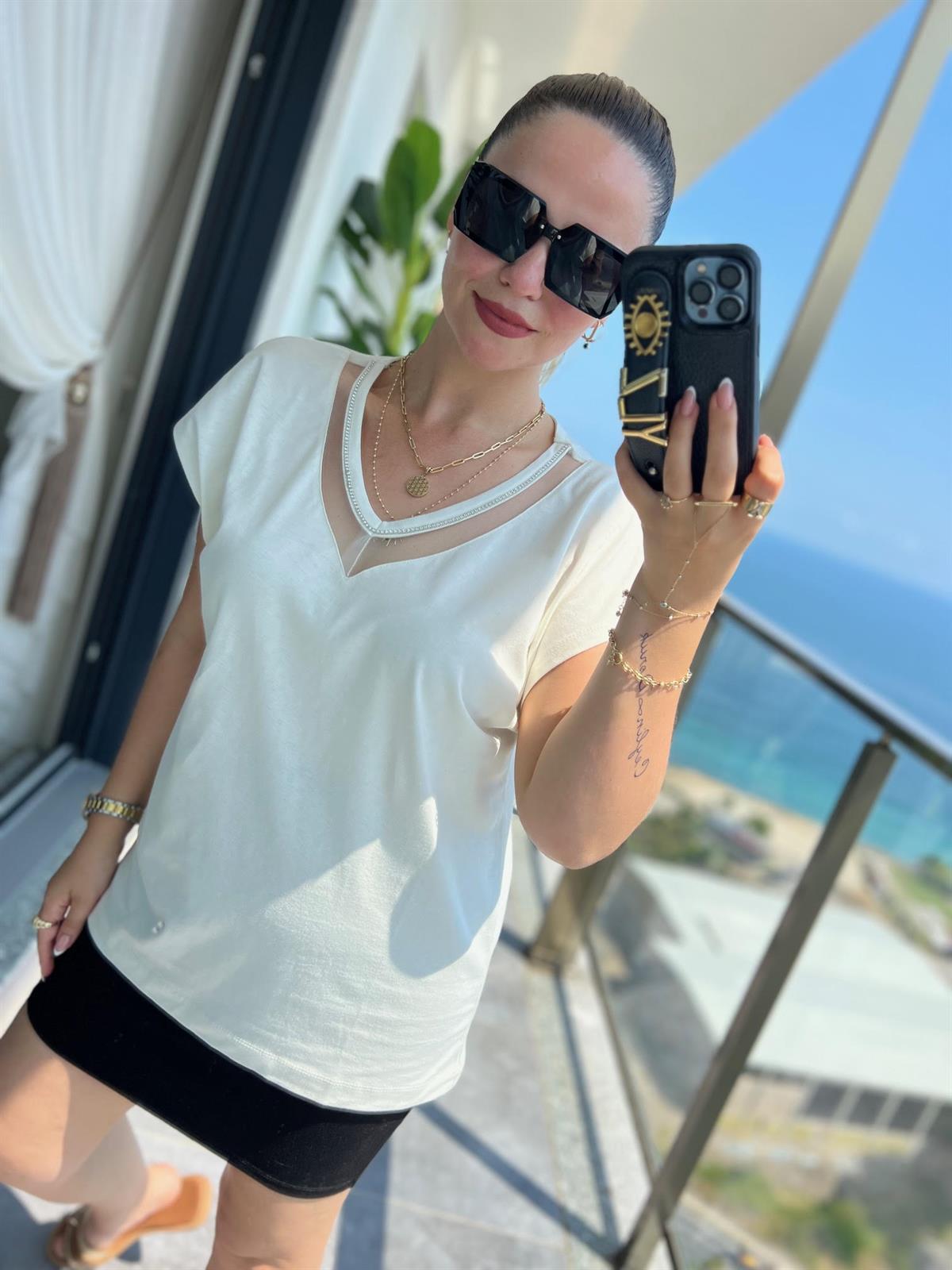 3180 Yakası Taşlı Tshirt TAŞ