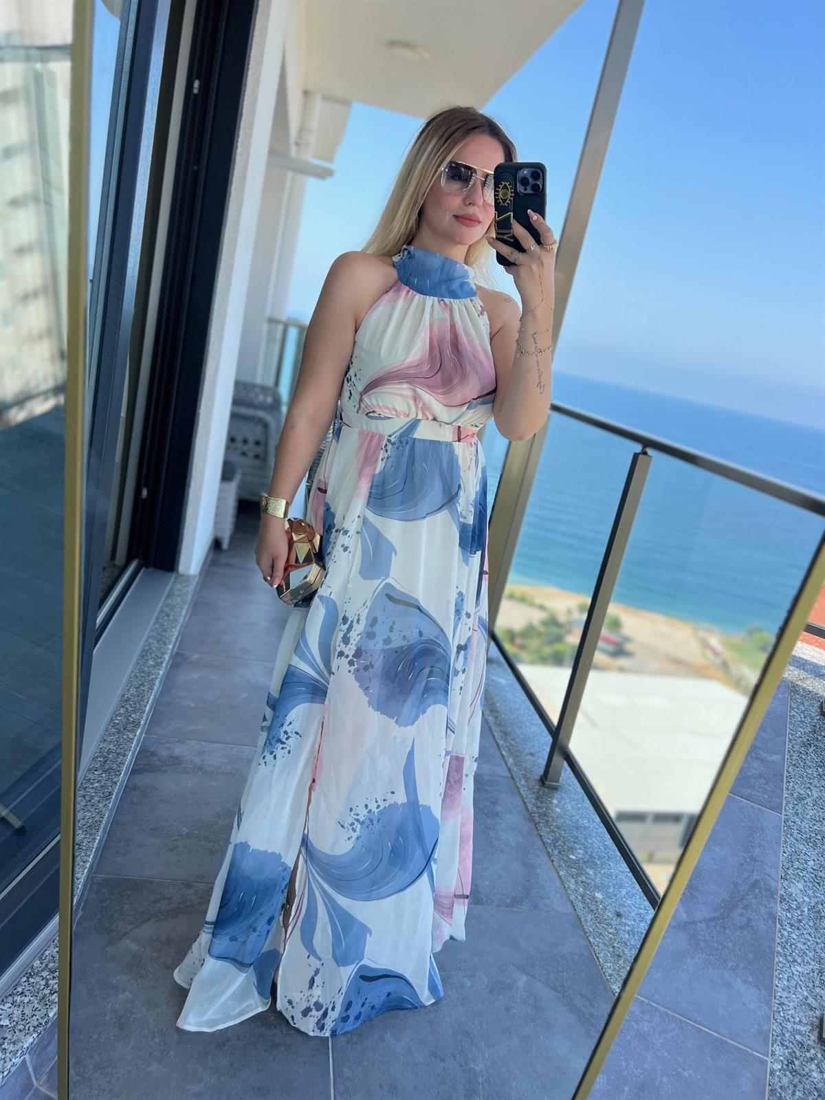3242 Şifon Elbise DESEN MAVİ