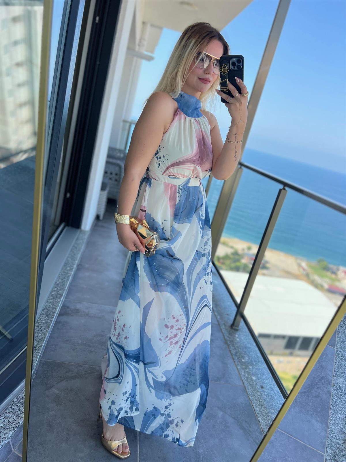 3242 Şifon Elbise DESEN MAVİ
