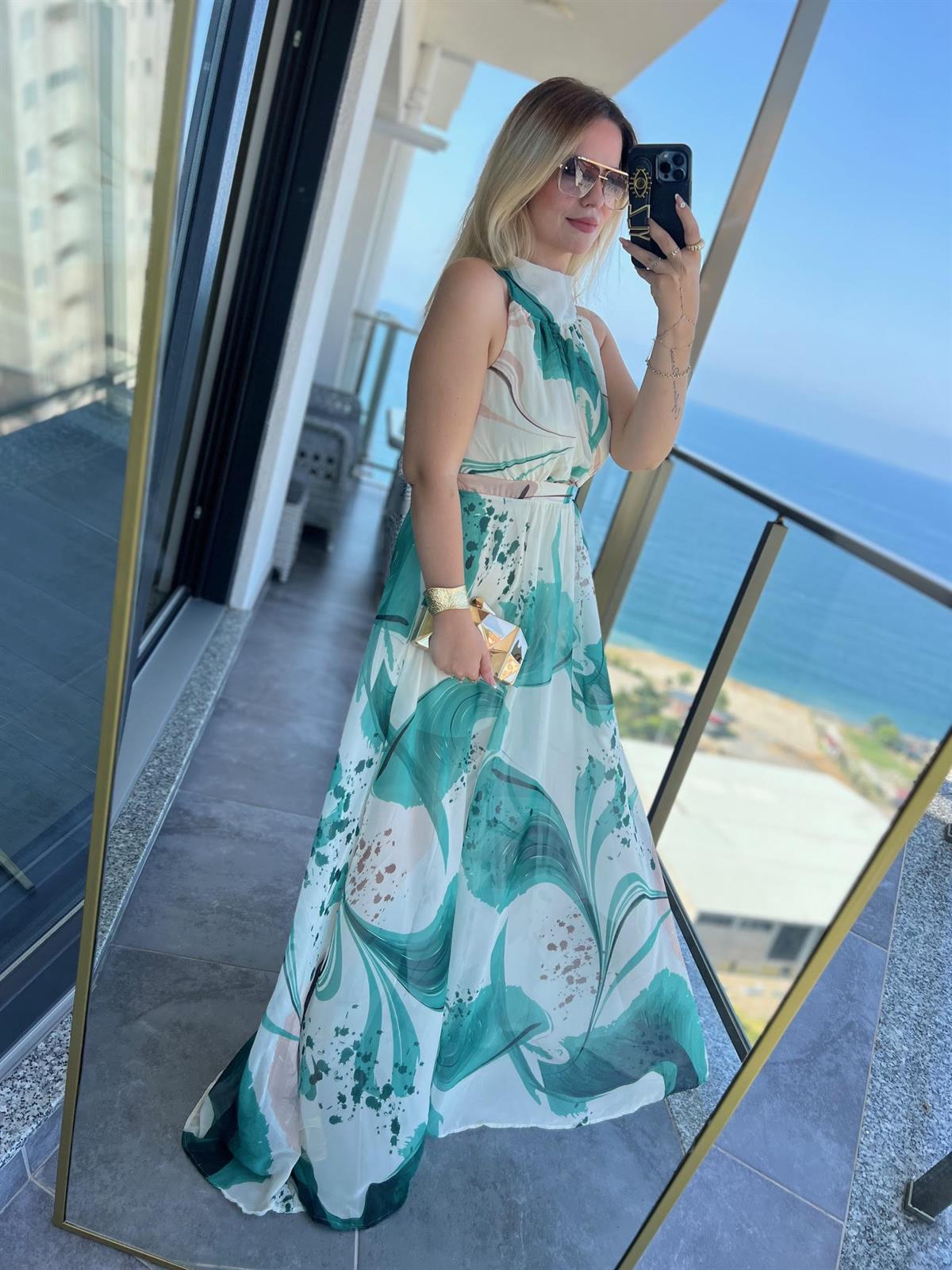 3242 Şifon Elbise Yeşil Desen