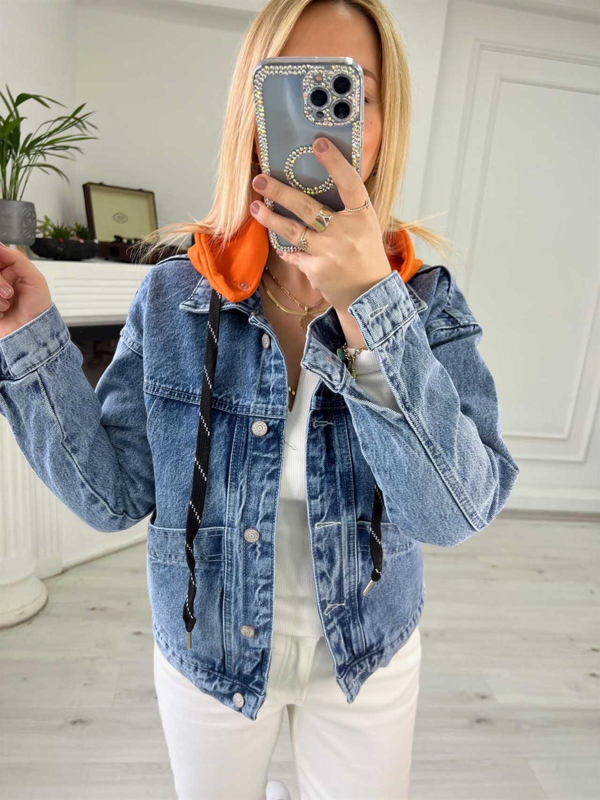 332  Kapüşonlu Kelebek Nakışlı Jean Ceket TURUNCU
