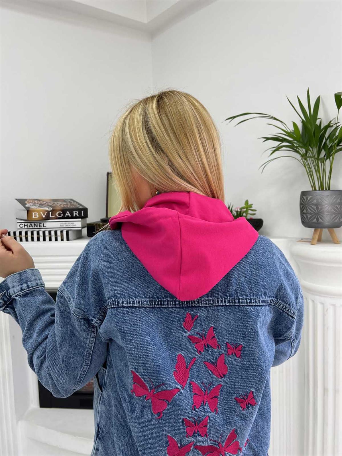 332  Kapüşonlu Kelebek Nakışlı Jean Ceket PEMBE