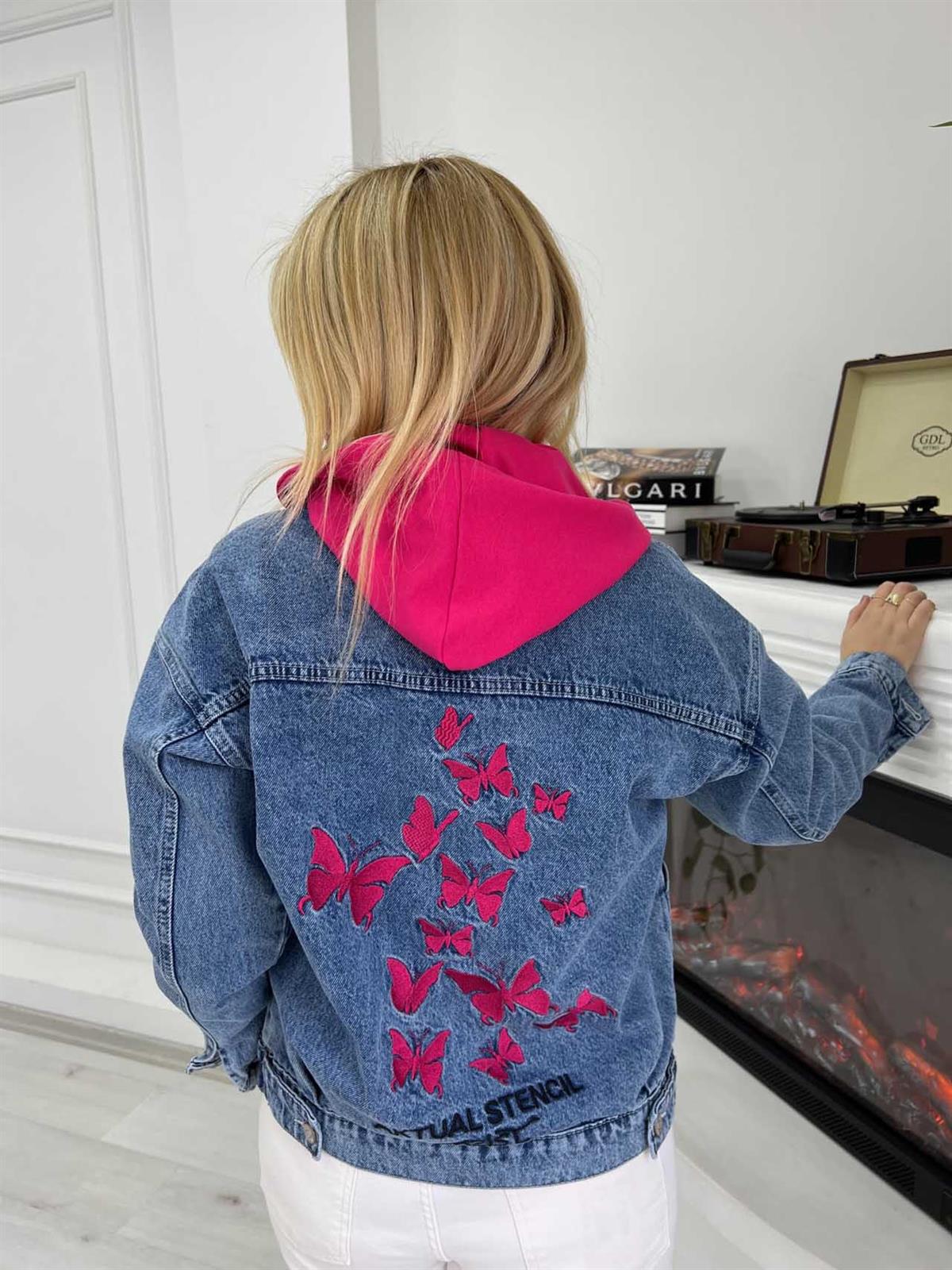 332  Kapüşonlu Kelebek Nakışlı Jean Ceket PEMBE