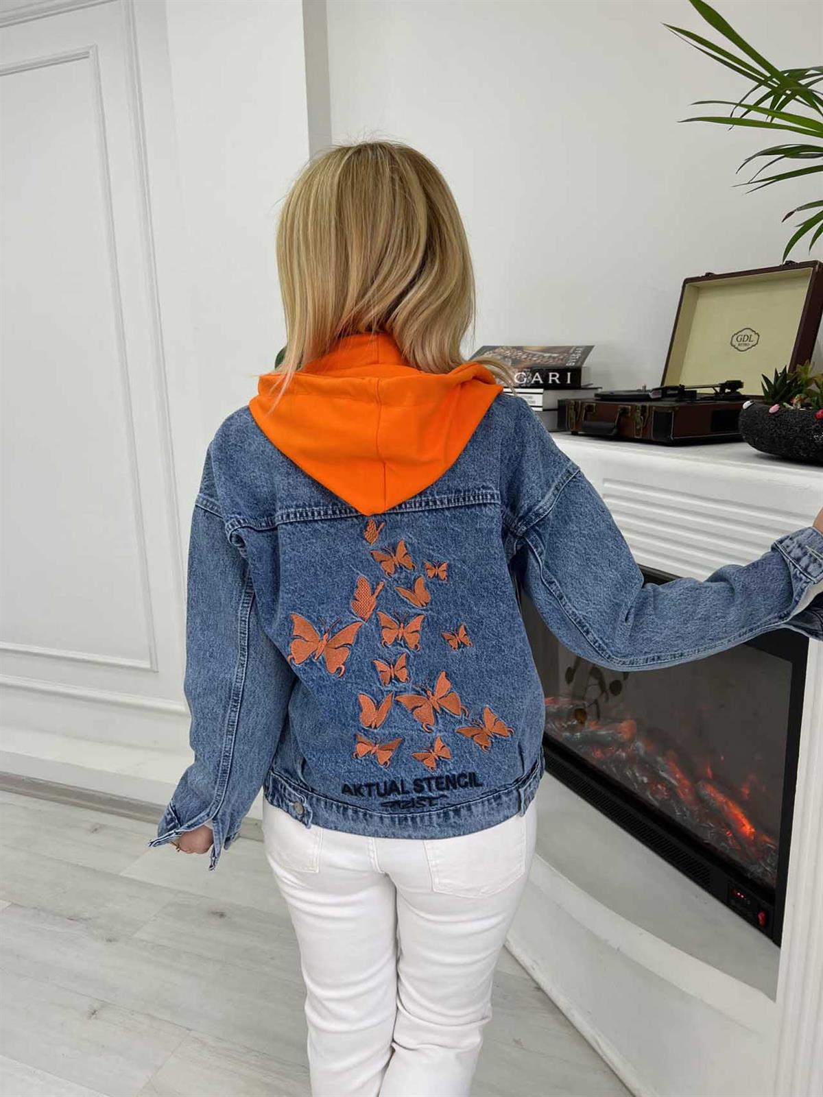 332  Kapüşonlu Kelebek Nakışlı Jean Ceket TURUNCU