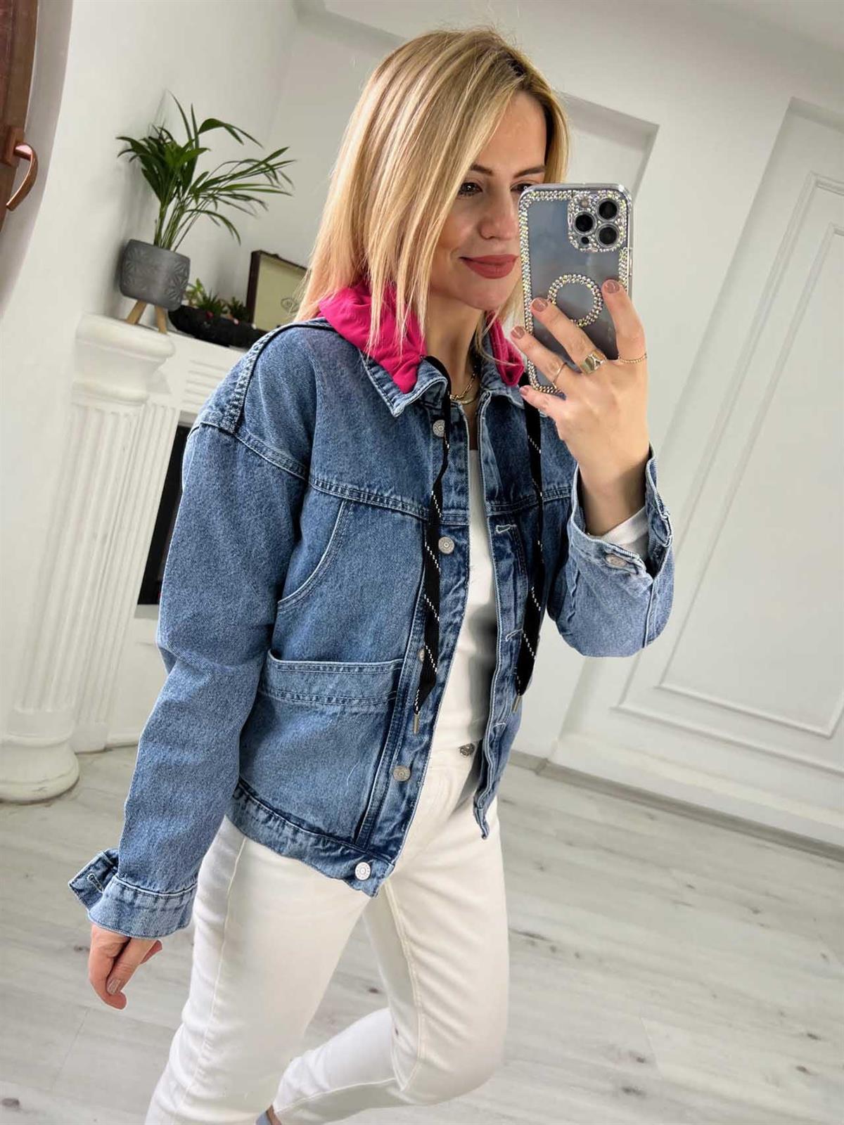 332  Kapüşonlu Kelebek Nakışlı Jean Ceket PEMBE