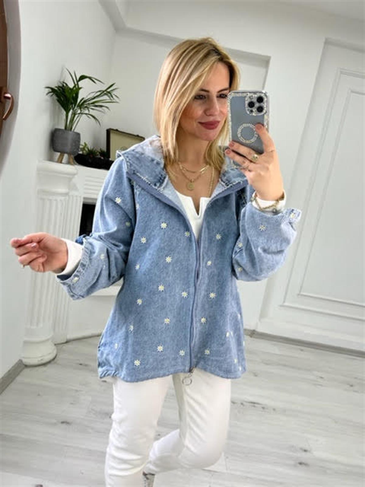 338 Papaty Nakışlı Jean Ceket BUZ MAVİSİ