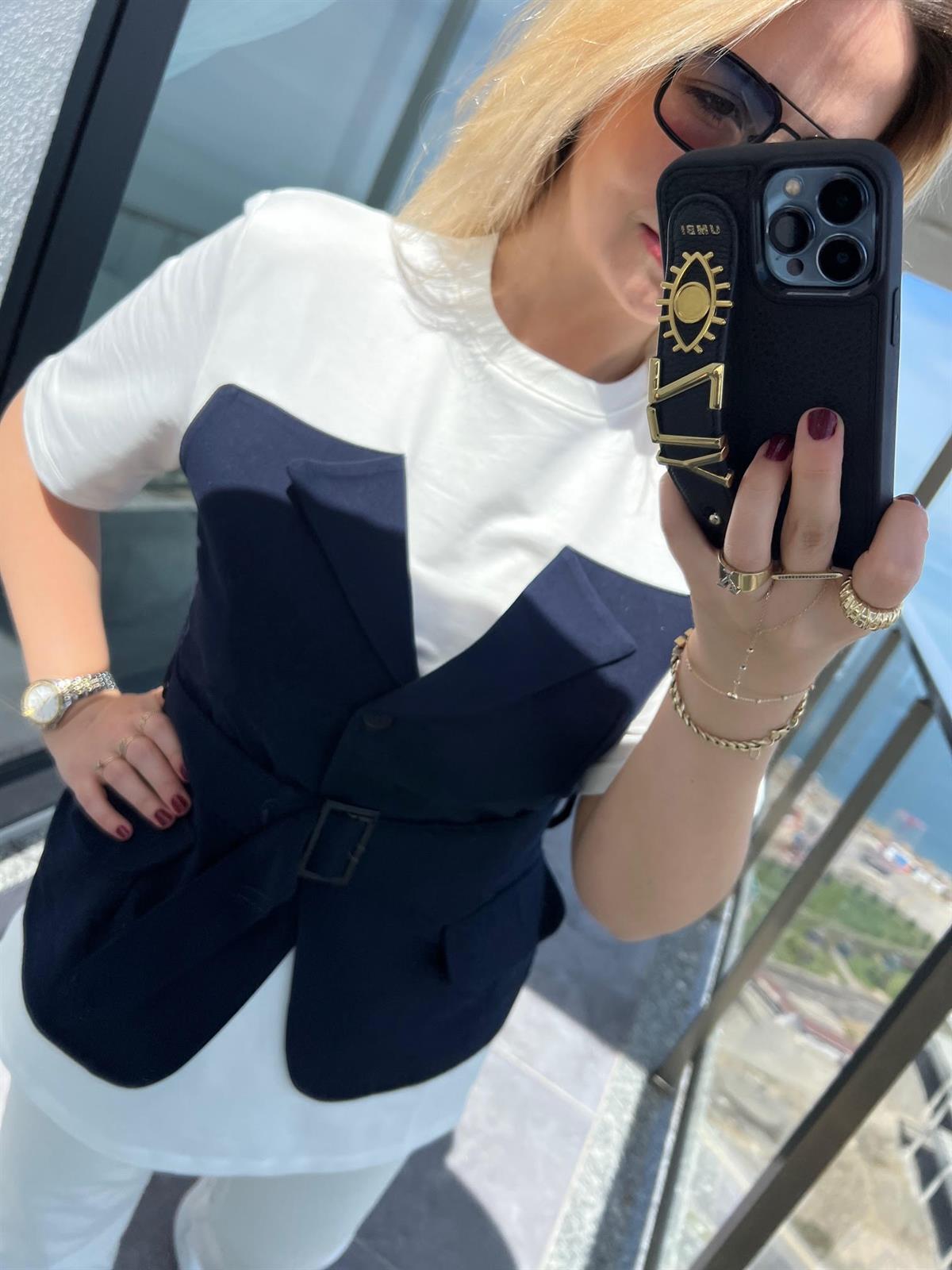 34017 Gabardin Garnili Yelekli Tshirt LACİVERT