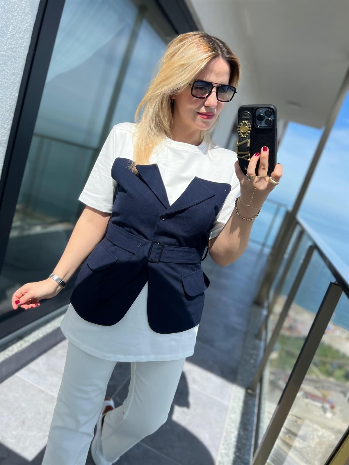 34017 Gabardin Garnili Yelekli Tshirt LACİVERT
