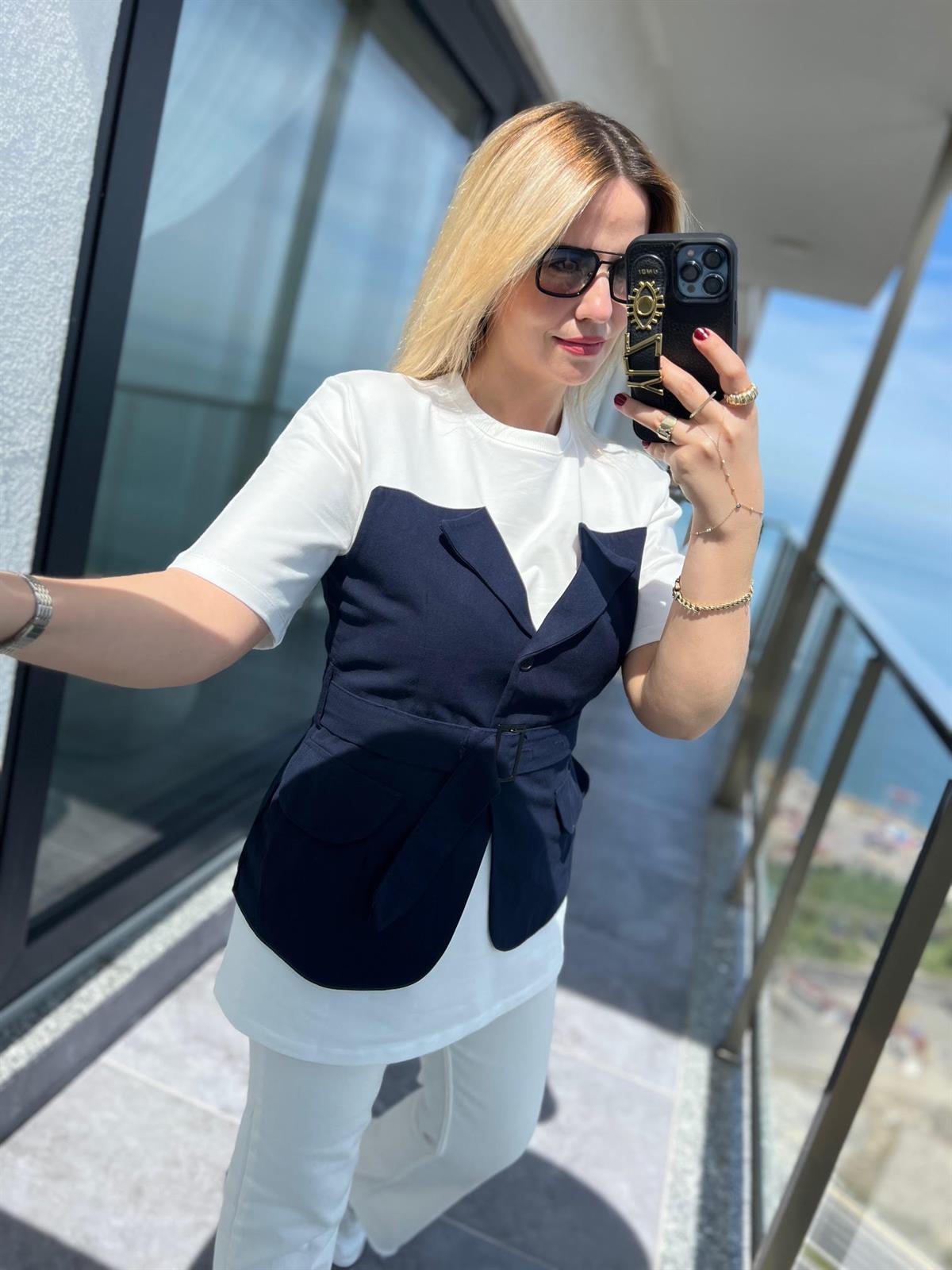 34017 Gabardin Garnili Yelekli Tshirt LACİVERT