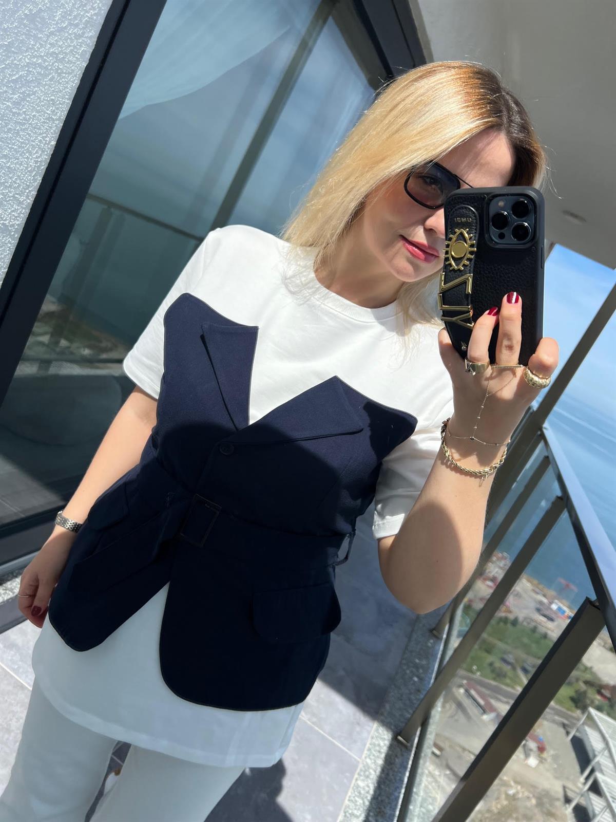 34017 Gabardin Garnili Yelekli Tshirt LACİVERT