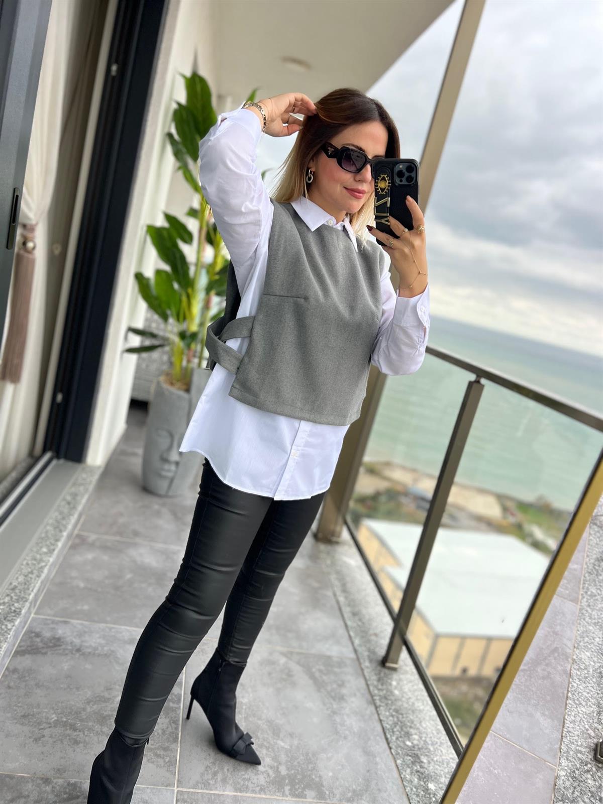 34140 Poplin Gömlekli Kısa Süveter GRİ