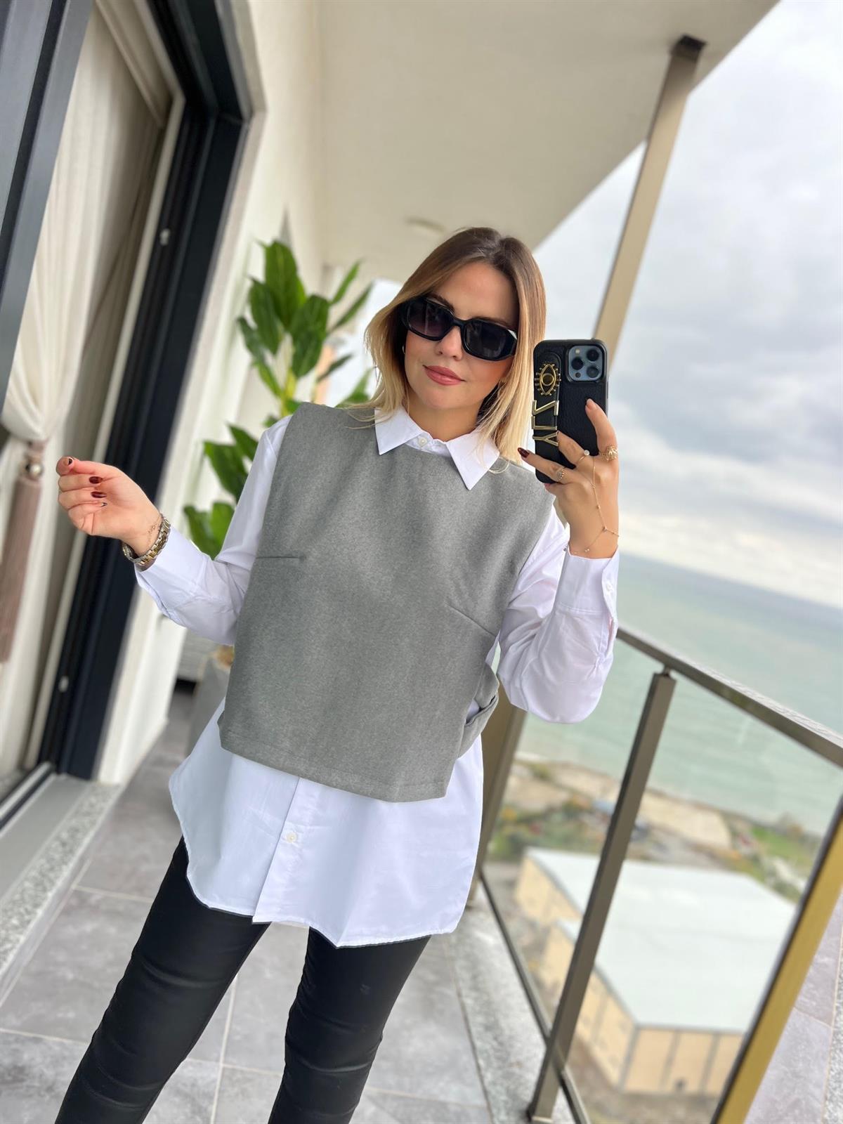 34140 Poplin Gömlekli Kısa Süveter GRİ