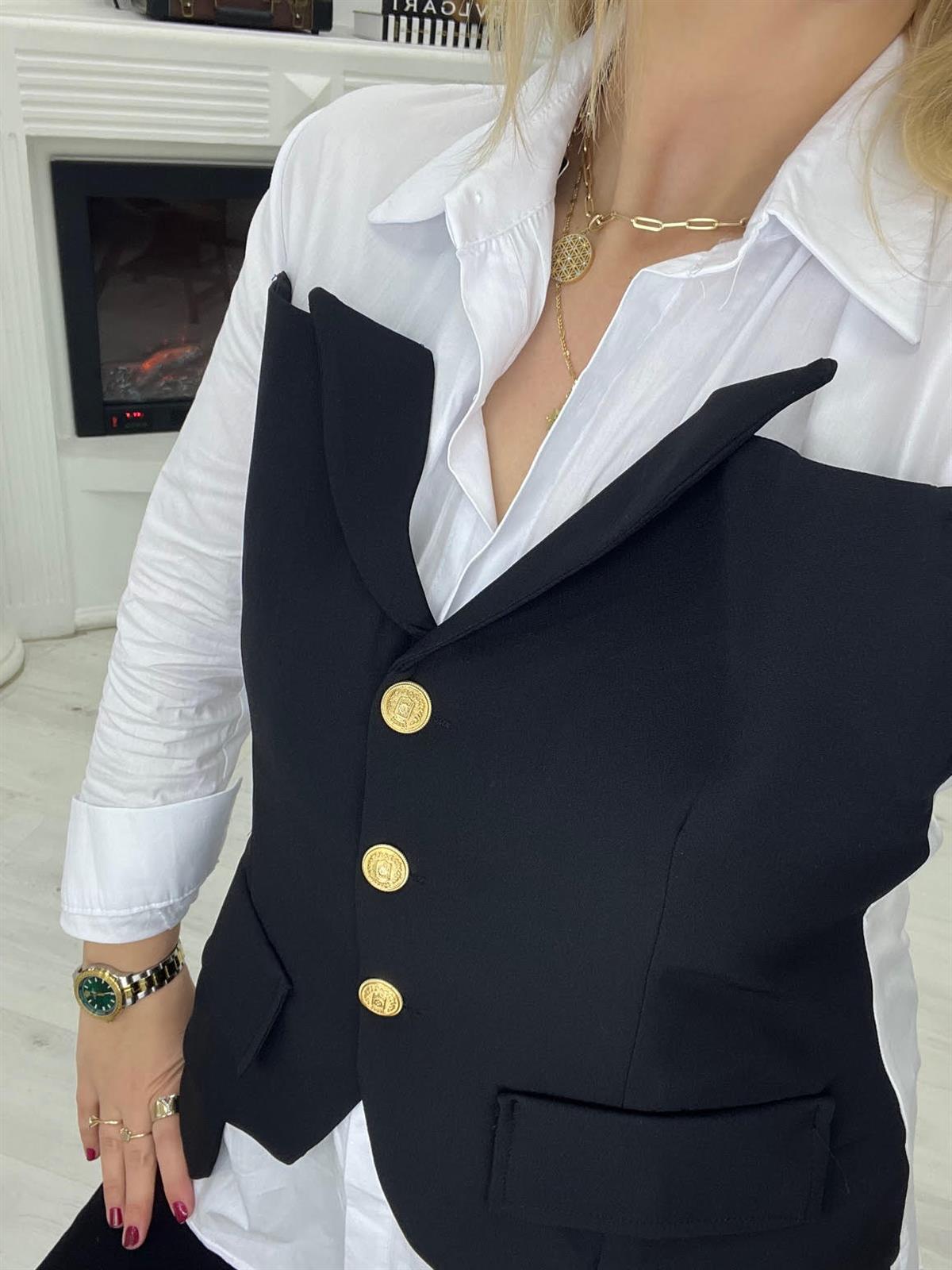34169 Poplin Garnili Yelekli Bluz SİYAH