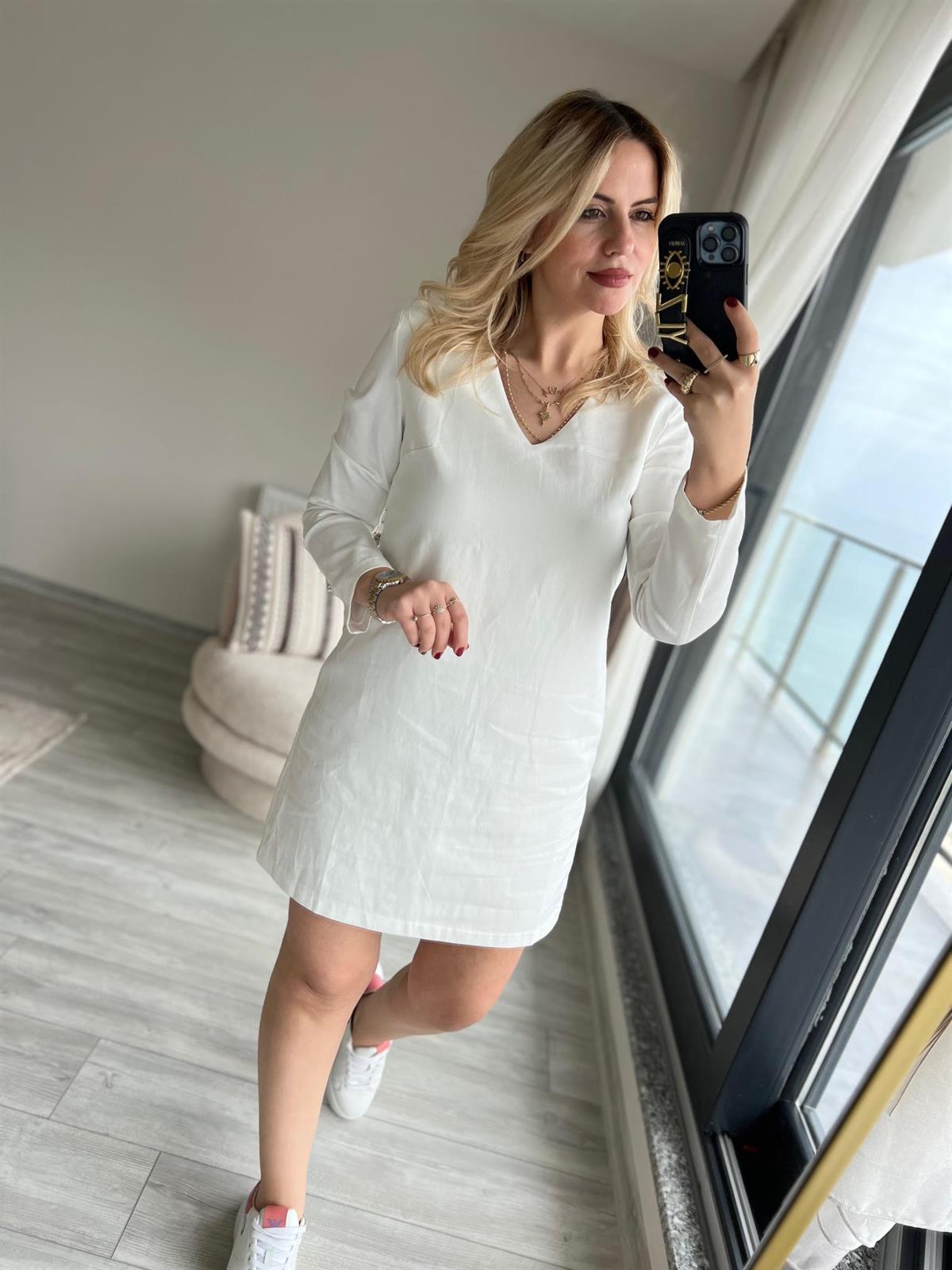 34307 Gabardin Elbise BEYAZ