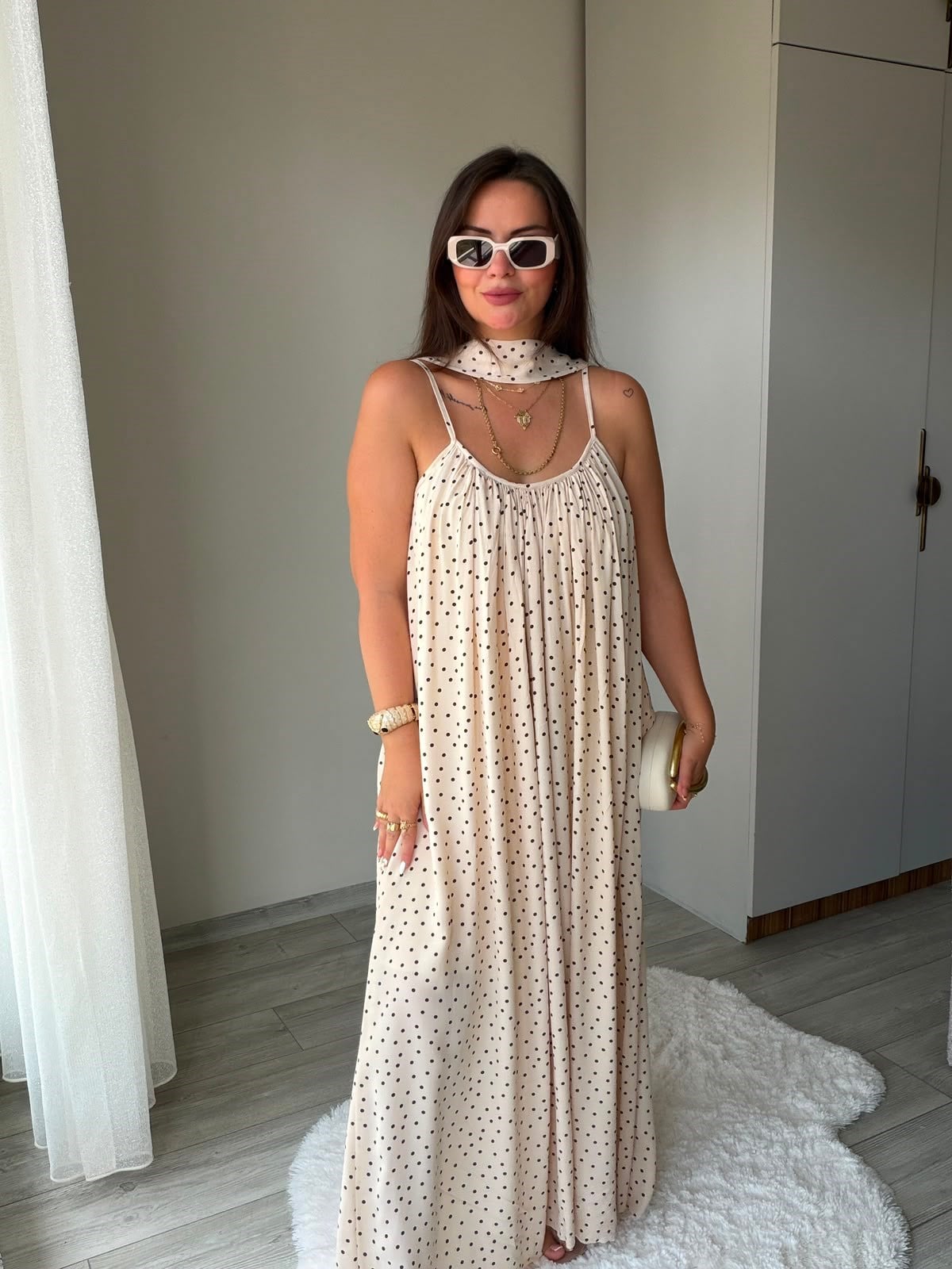3439 Puantiyeli Askılı Elbise TAŞ