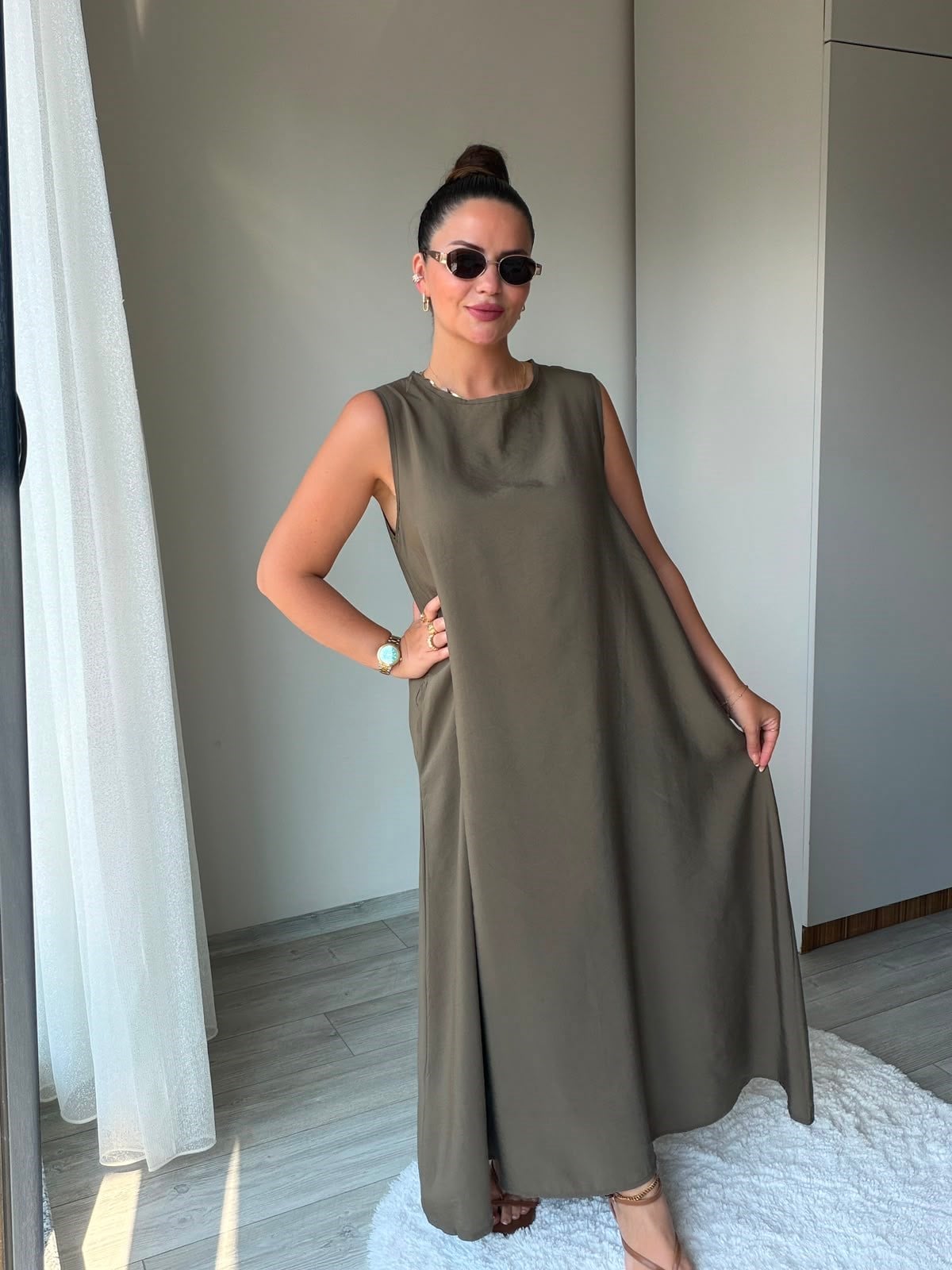 3453 Bisiklet Yakalı Elbise HAKİ YEŞİL